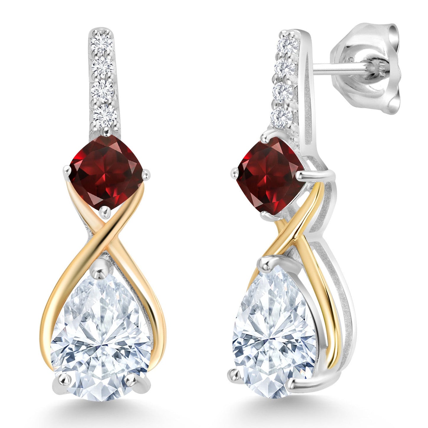 925 Silver and 10K Yellow Gold Gemstone Birthstone and Accent Lab Grown Diamond Dangle Earrings | Pear Shape and Cushion |Two-Tone Infinity Dangle Earrings For Women