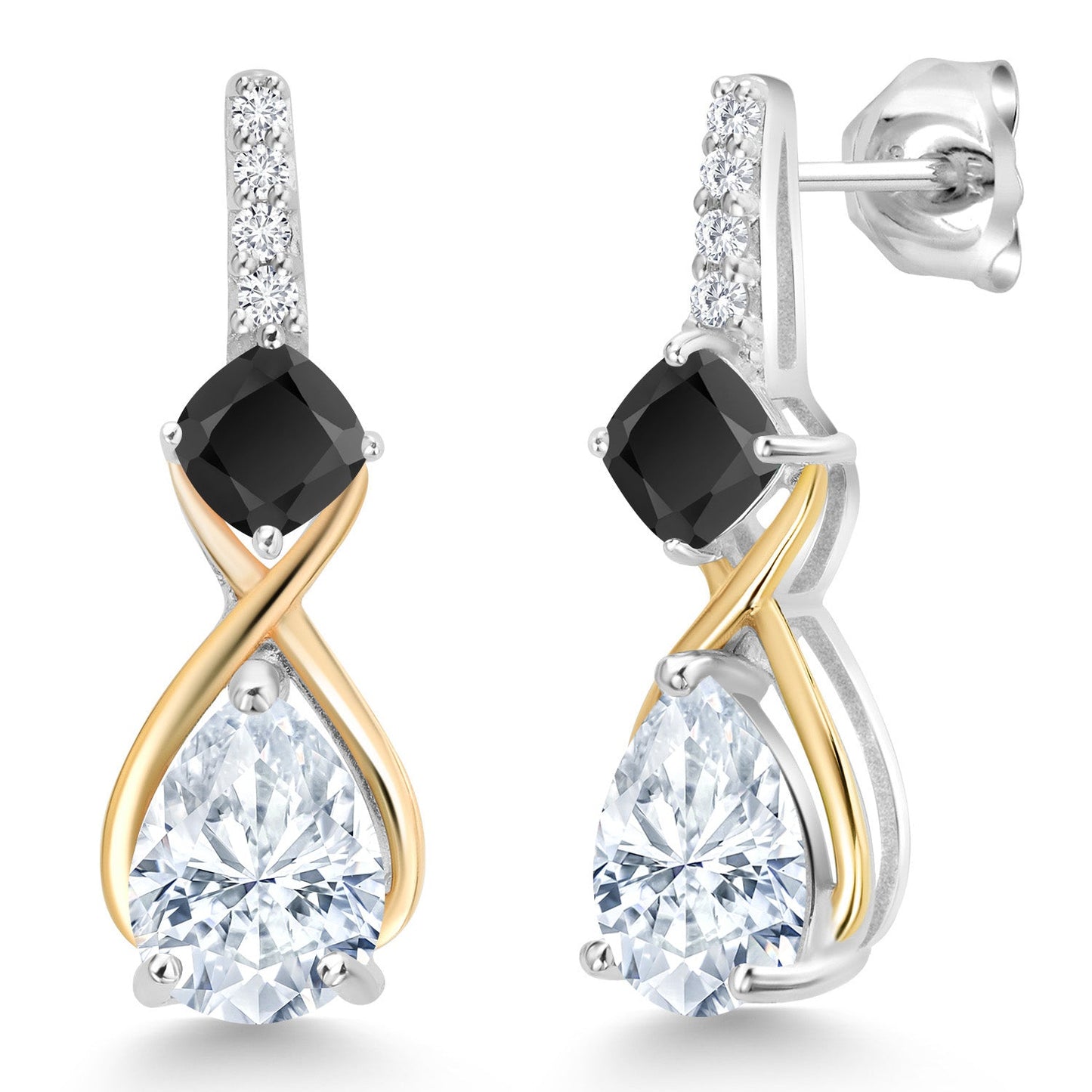 925 Silver and 10K Yellow Gold Gemstone Birthstone and Accent Lab Grown Diamond Dangle Earrings | Pear Shape and Cushion |Two-Tone Infinity Dangle Earrings For Women