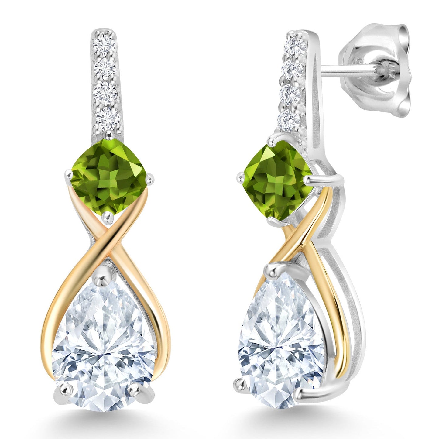 925 Silver and 10K Yellow Gold Gemstone Birthstone and Accent Lab Grown Diamond Dangle Earrings | Pear Shape and Cushion |Two-Tone Infinity Dangle Earrings For Women