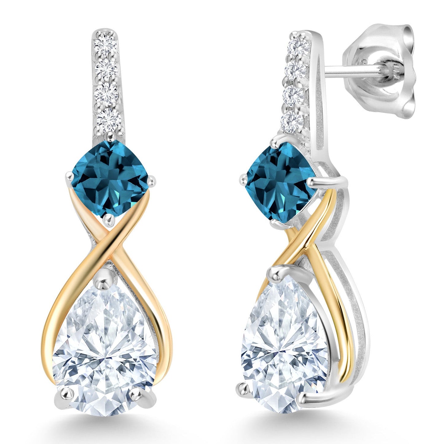 925 Silver and 10K Yellow Gold Gemstone Birthstone and Accent Lab Grown Diamond Dangle Earrings | Pear Shape and Cushion |Two-Tone Infinity Dangle Earrings For Women