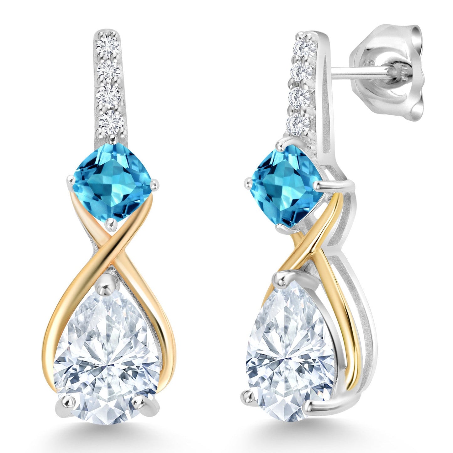 925 Silver and 10K Yellow Gold Gemstone Birthstone and Accent Lab Grown Diamond Dangle Earrings | Pear Shape and Cushion |Two-Tone Infinity Dangle Earrings For Women