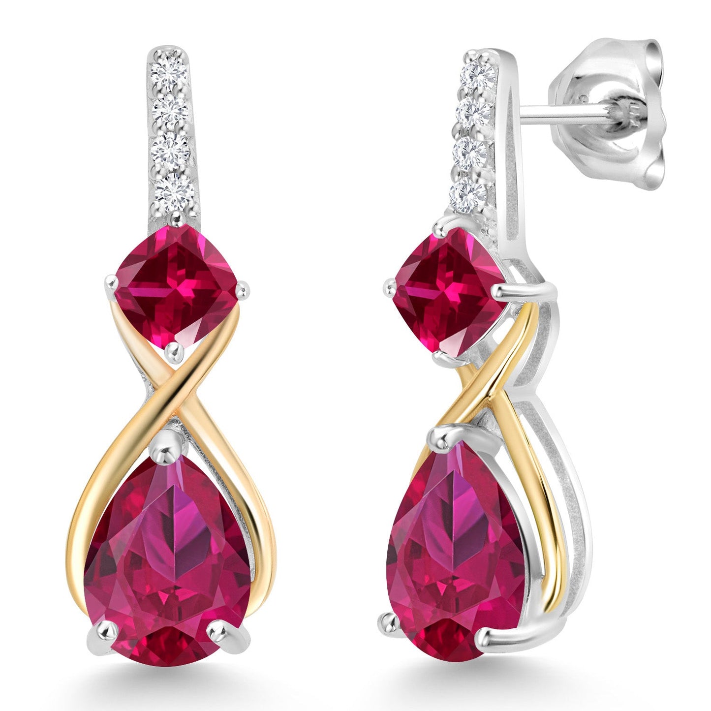 925 Silver and 10K Yellow Gold Gemstone Birthstone and Accent Lab Grown Diamond Dangle Earrings | Pear Shape and Cushion |Two-Tone Infinity Dangle Earrings For Women