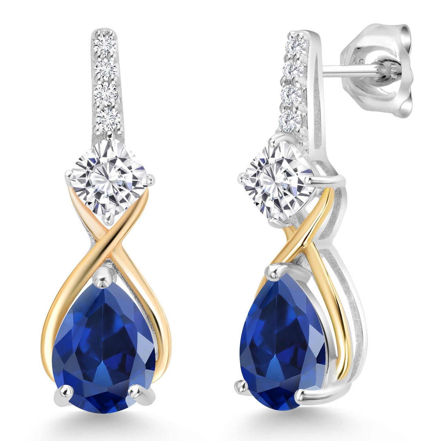 925 Silver and 10K Yellow Gold Gemstone Birthstone and Accent Lab Grown Diamond Dangle Earrings | Pear Shape and Cushion |Two-Tone Infinity Dangle Earrings For Women