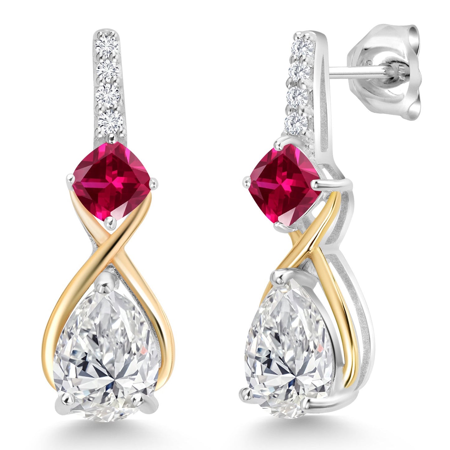 925 Silver and 10K Yellow Gold Gemstone Birthstone and Accent Lab Grown Diamond Dangle Earrings | Pear Shape and Cushion |Two-Tone Infinity Dangle Earrings For Women