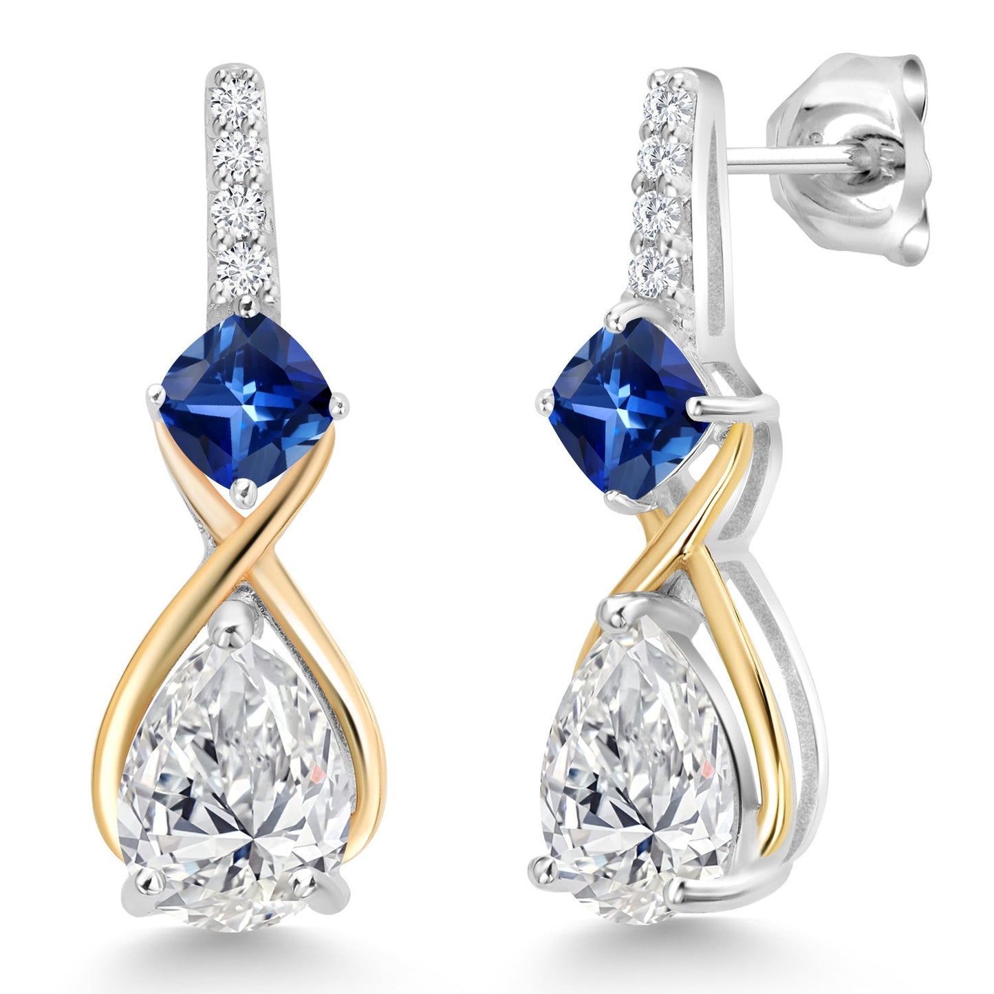 925 Silver and 10K Yellow Gold Gemstone Birthstone and Accent Lab Grown Diamond Dangle Earrings | Pear Shape and Cushion |Two-Tone Infinity Dangle Earrings For Women