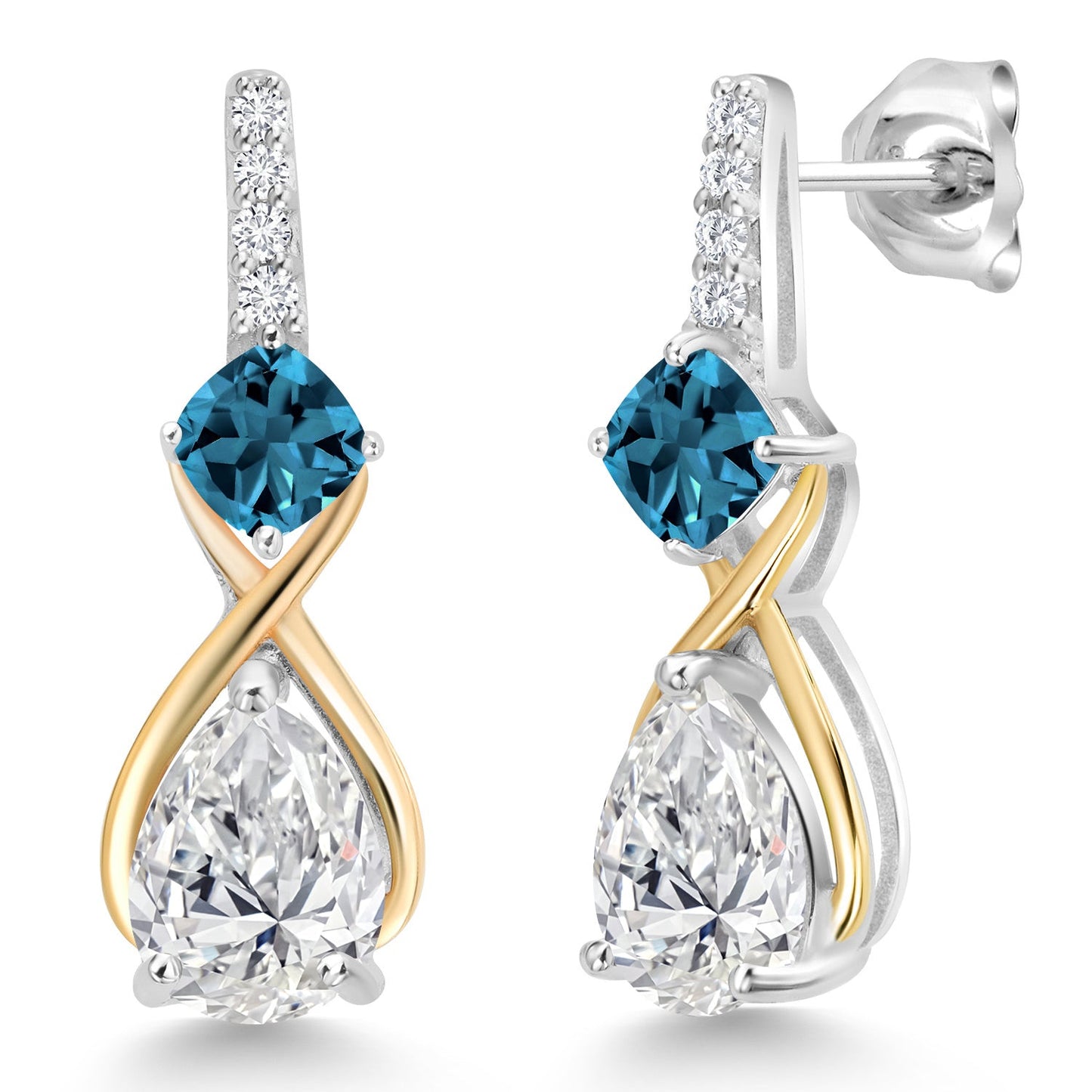 925 Silver and 10K Yellow Gold Gemstone Birthstone and Accent Lab Grown Diamond Dangle Earrings | Pear Shape and Cushion |Two-Tone Infinity Dangle Earrings For Women