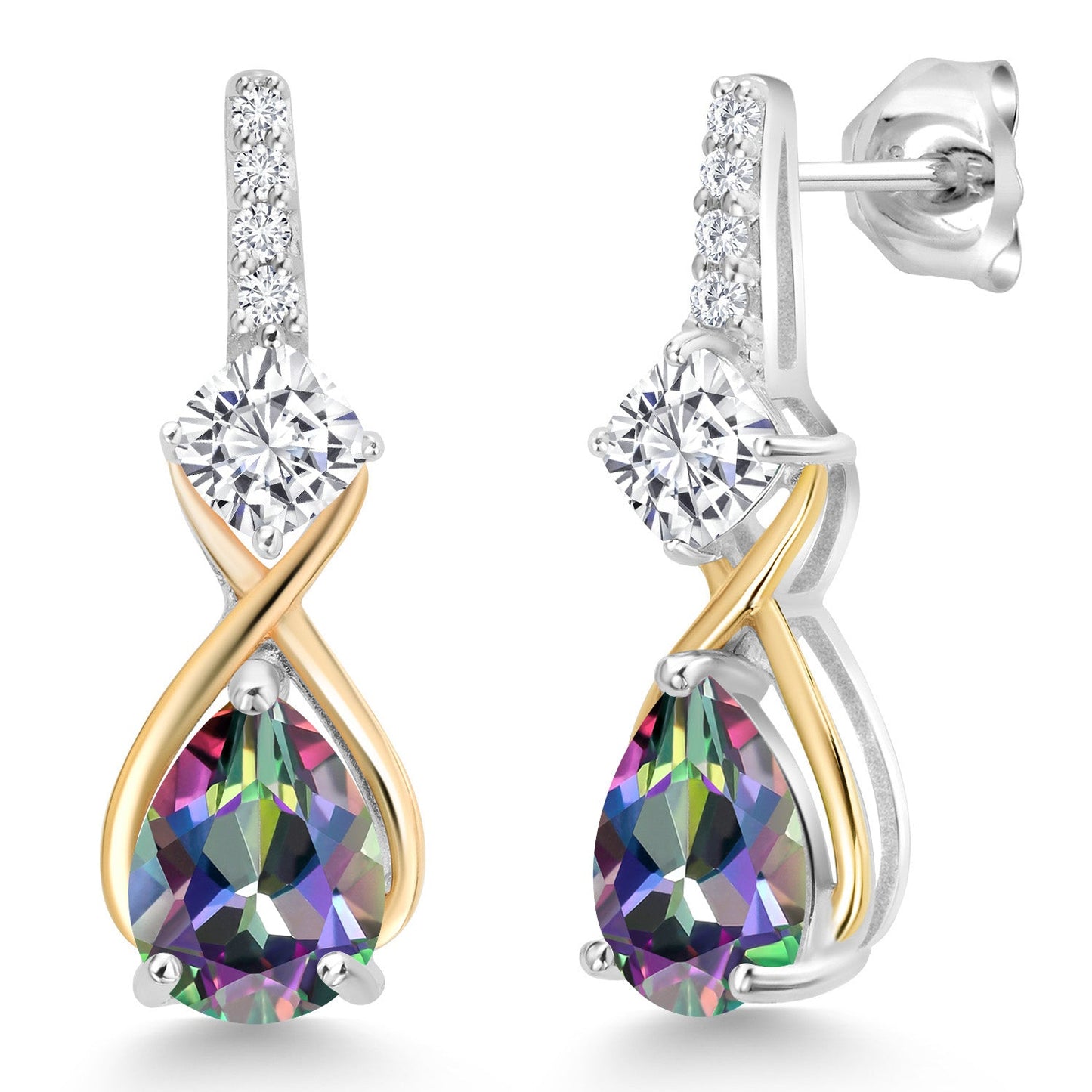 925 Silver and 10K Yellow Gold Gemstone Birthstone and Accent Lab Grown Diamond Dangle Earrings | Pear Shape and Cushion |Two-Tone Infinity Dangle Earrings For Women