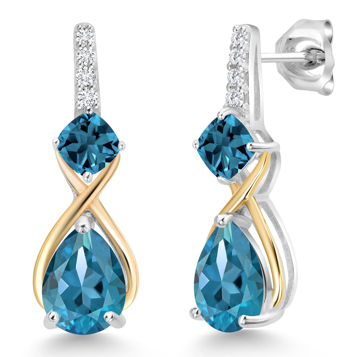 925 Silver and 10K Yellow Gold Gemstone Birthstone and Accent Lab Grown Diamond Dangle Earrings | Pear Shape and Cushion |Two-Tone Infinity Dangle Earrings For Women