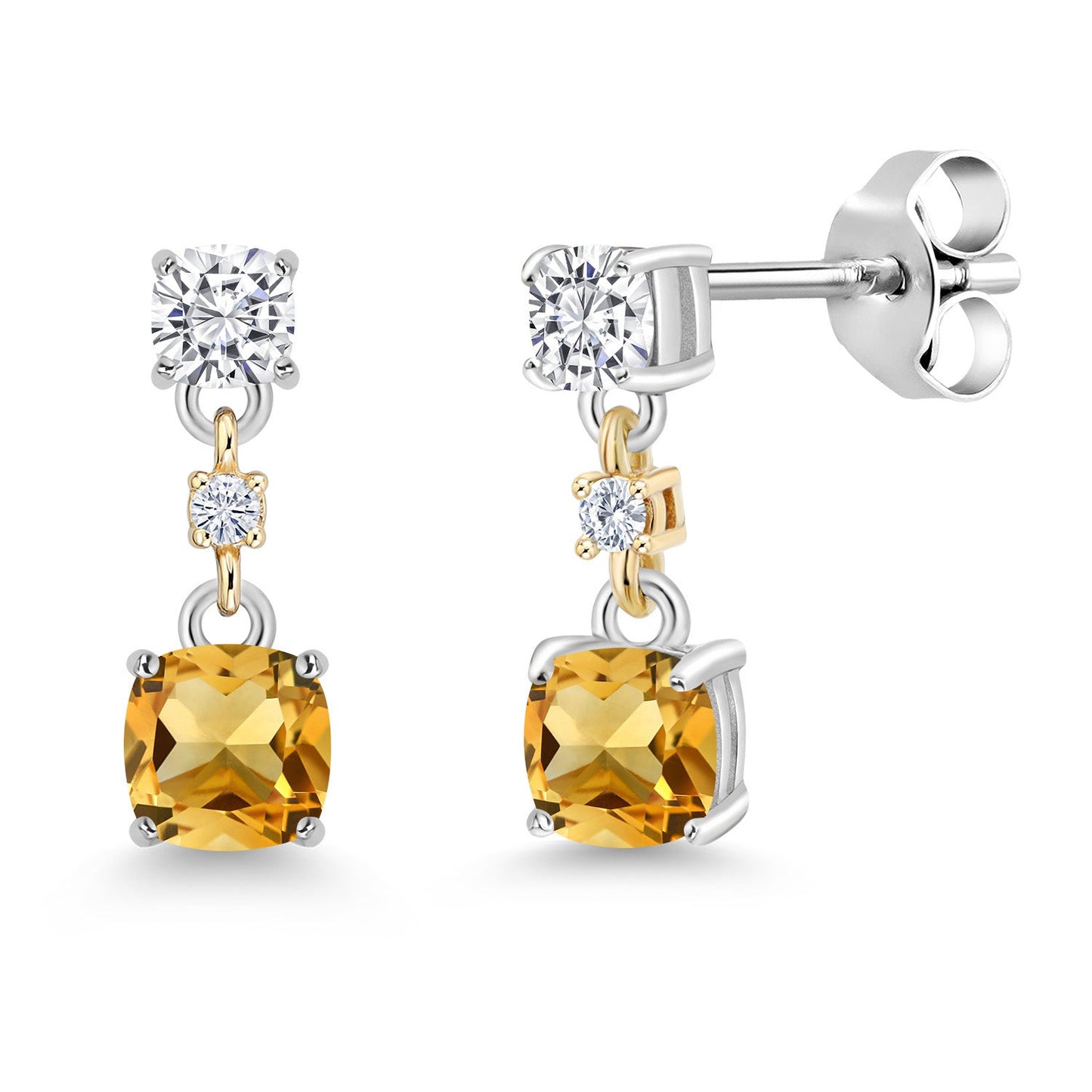 Dangle Earrings For Women | 925 Sterling Silver and 10K Yellow Gold | Cushion 4MM and 3MM Gemstone Birthstone and White Moissanite | Fine Jewelry Gifts for Her Mom Women Wife