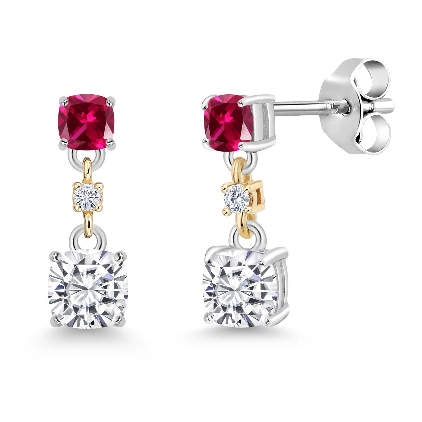 Dangle Earrings For Women | 925 Sterling Silver and 10K Yellow Gold | Cushion 4MM and 3MM Gemstone Birthstone and White Moissanite | Fine Jewelry Gifts for Her Mom Women Wife