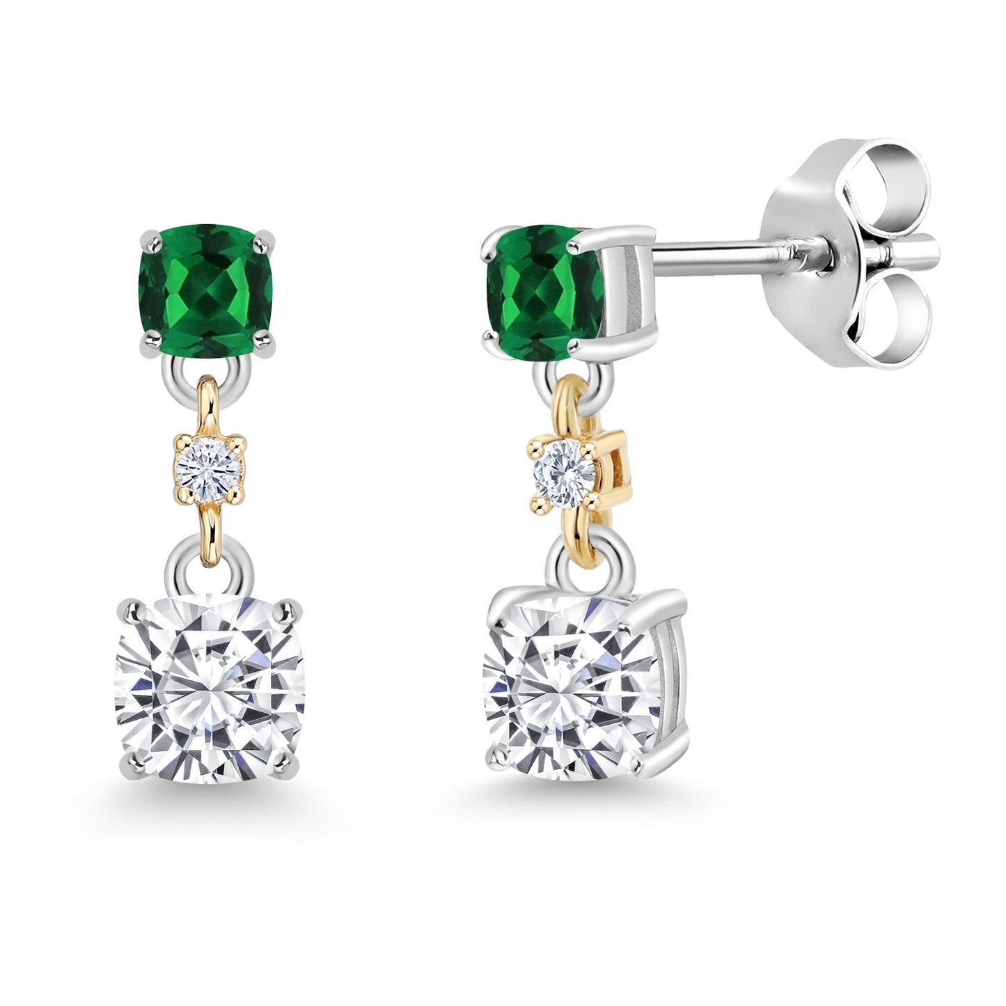 Dangle Earrings For Women | 925 Sterling Silver and 10K Yellow Gold | Cushion 4MM and 3MM Gemstone Birthstone and White Moissanite | Fine Jewelry Gifts for Her Mom Women Wife