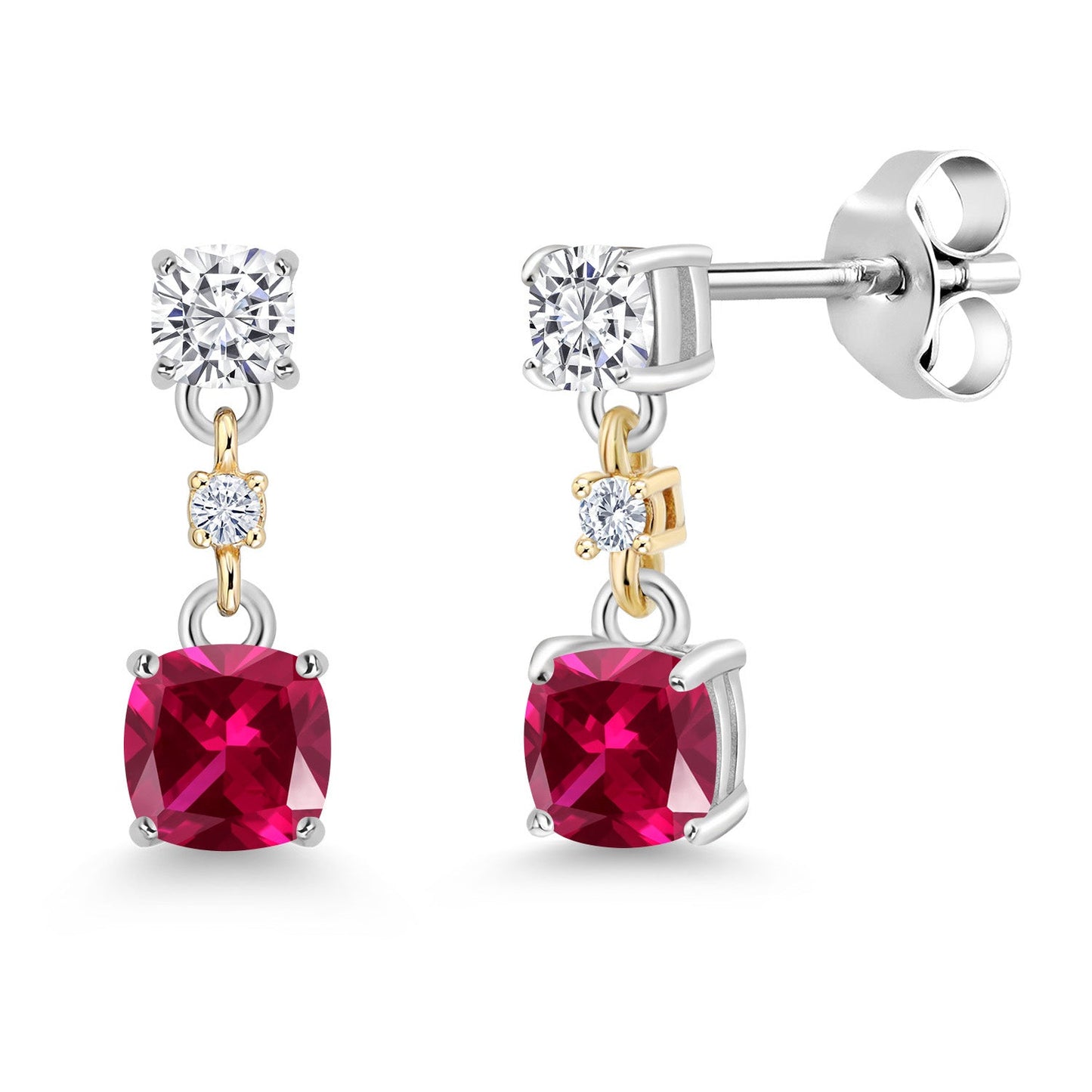 Dangle Earrings For Women | 925 Sterling Silver and 10K Yellow Gold | Cushion 4MM and 3MM Gemstone Birthstone and White Moissanite | Fine Jewelry Gifts for Her Mom Women Wife