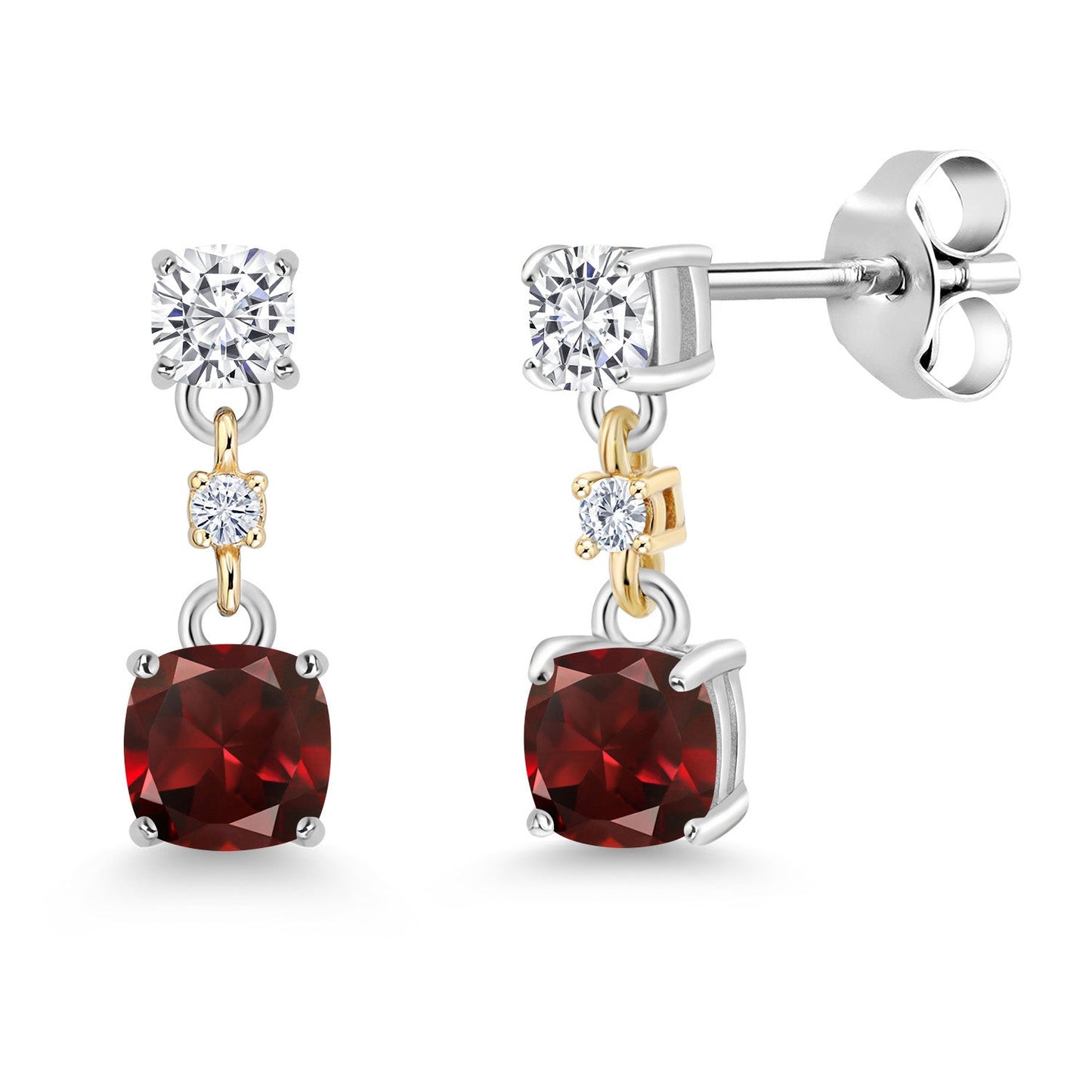Dangle Earrings For Women | 925 Sterling Silver and 10K Yellow Gold | Cushion 4MM and 3MM Gemstone Birthstone and White Moissanite | Fine Jewelry Gifts for Her Mom Women Wife