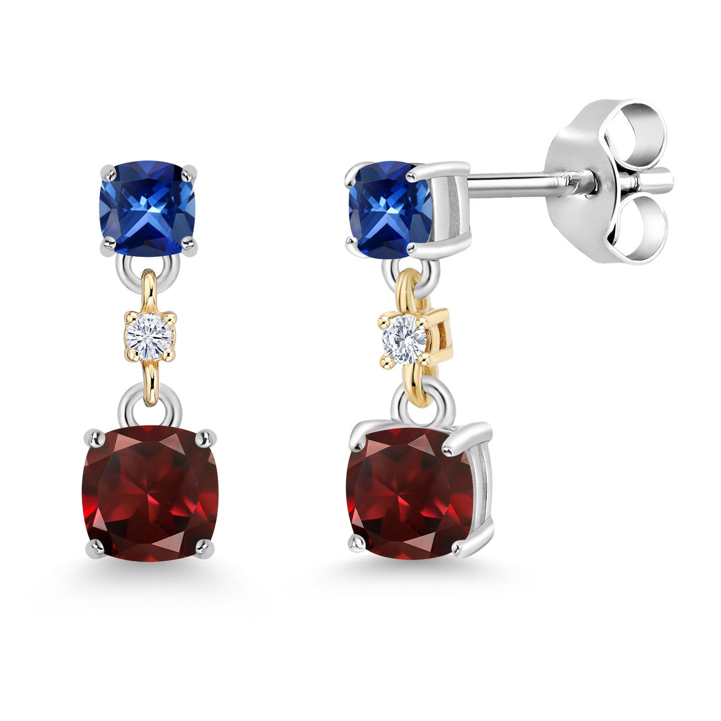 Dangle Earrings For Women | 925 Sterling Silver and 10K Yellow Gold | Cushion 4MM and 3MM Gemstone Birthstone and White Moissanite | Fine Jewelry Gifts for Her Mom Women Wife