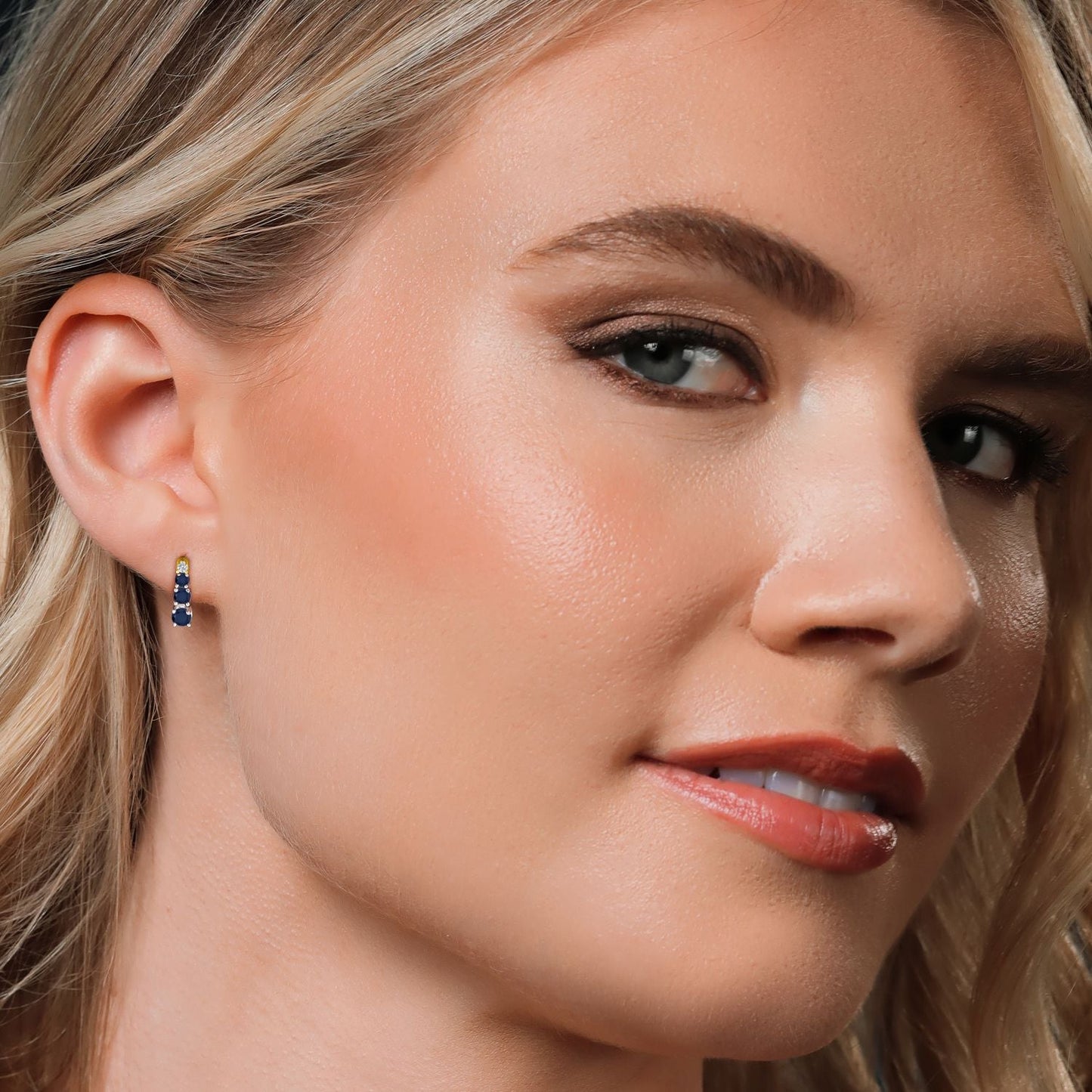 925 Sterling Silver and 10K Yellow Gold Blue Sapphire and Created Moissanite Earrings For Women (0.51 Cttw, Round 3MM, 2.5MM and 2MM)