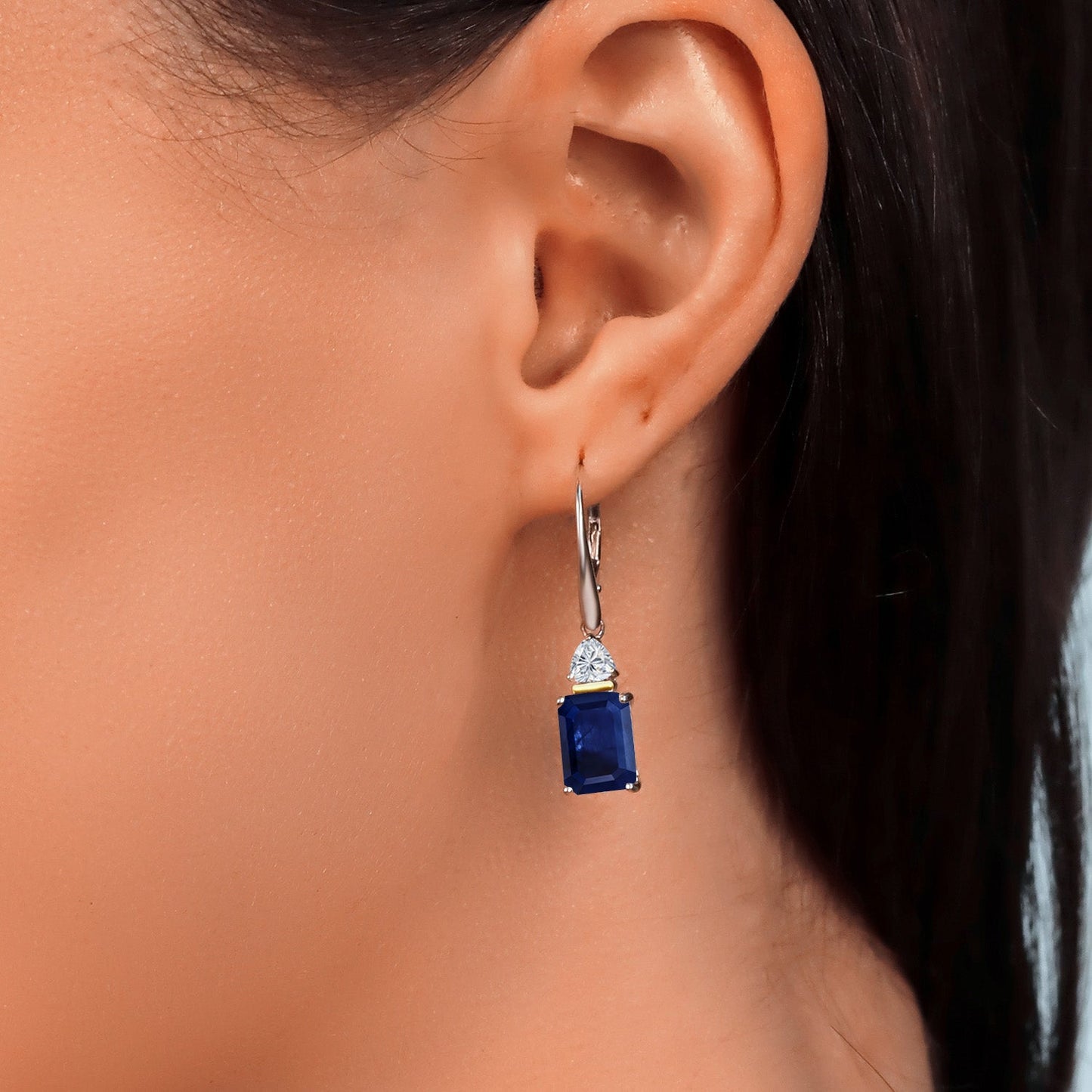925 Silver and 10K Yellow Gold Blue Sapphire and Lab Grown Diamond Dangle Earrings for Women | 5.34 Cttw | Gemstone September Birthstone | Octagon 9X7MM