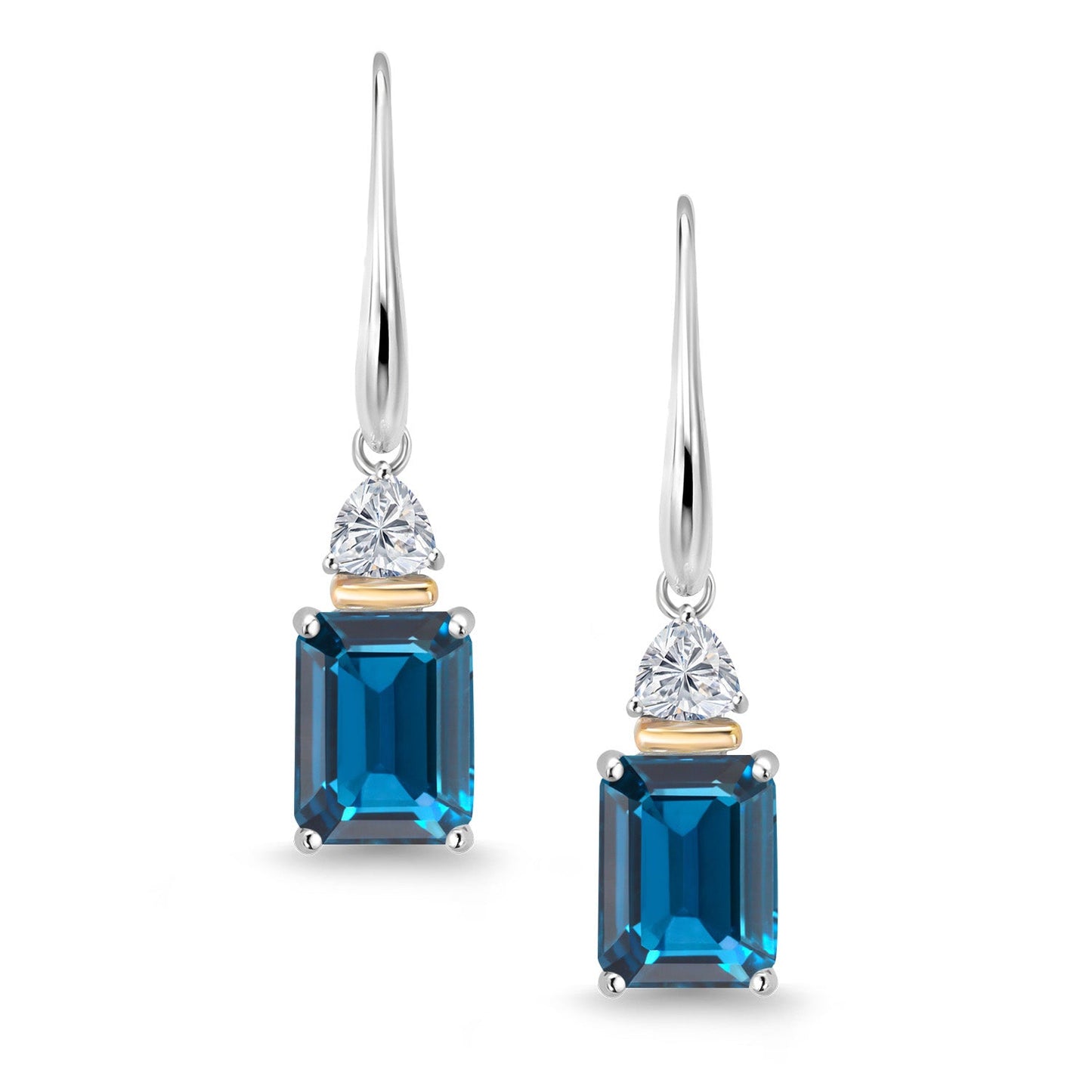925 Silver and 10K Yellow Gold London Blue Topaz and Lab Grown Diamond Dangle Earrings for Women | 5.86 Cttw | Gemstone November Birthstone | Emerald Cut 9X7MM