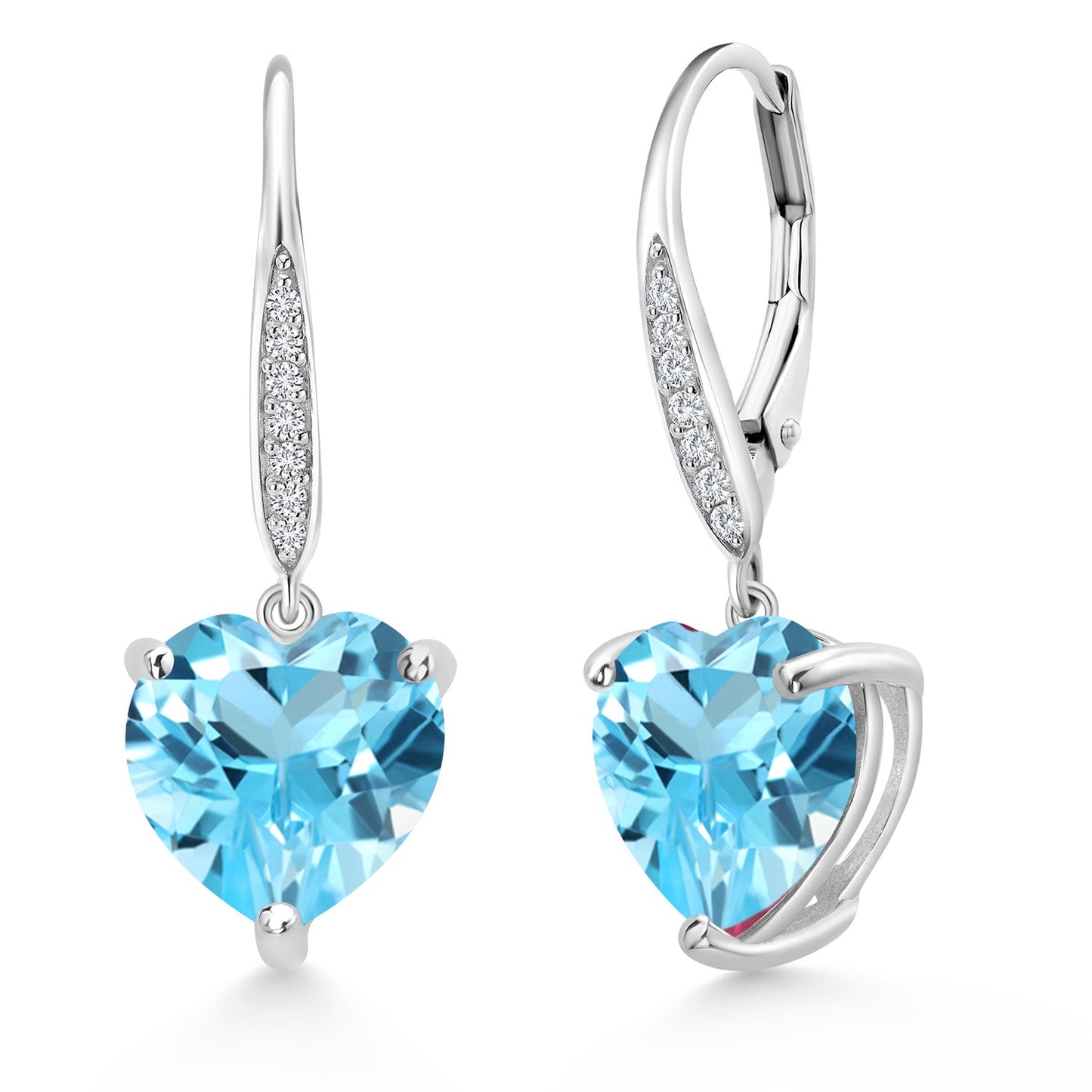 925 Sterling Silver 10MM Heart Shape Gemstone Birthstone and White Lab Grown Diamond Leverback Dangle Drop Earrings | Gold Earrings For Women
