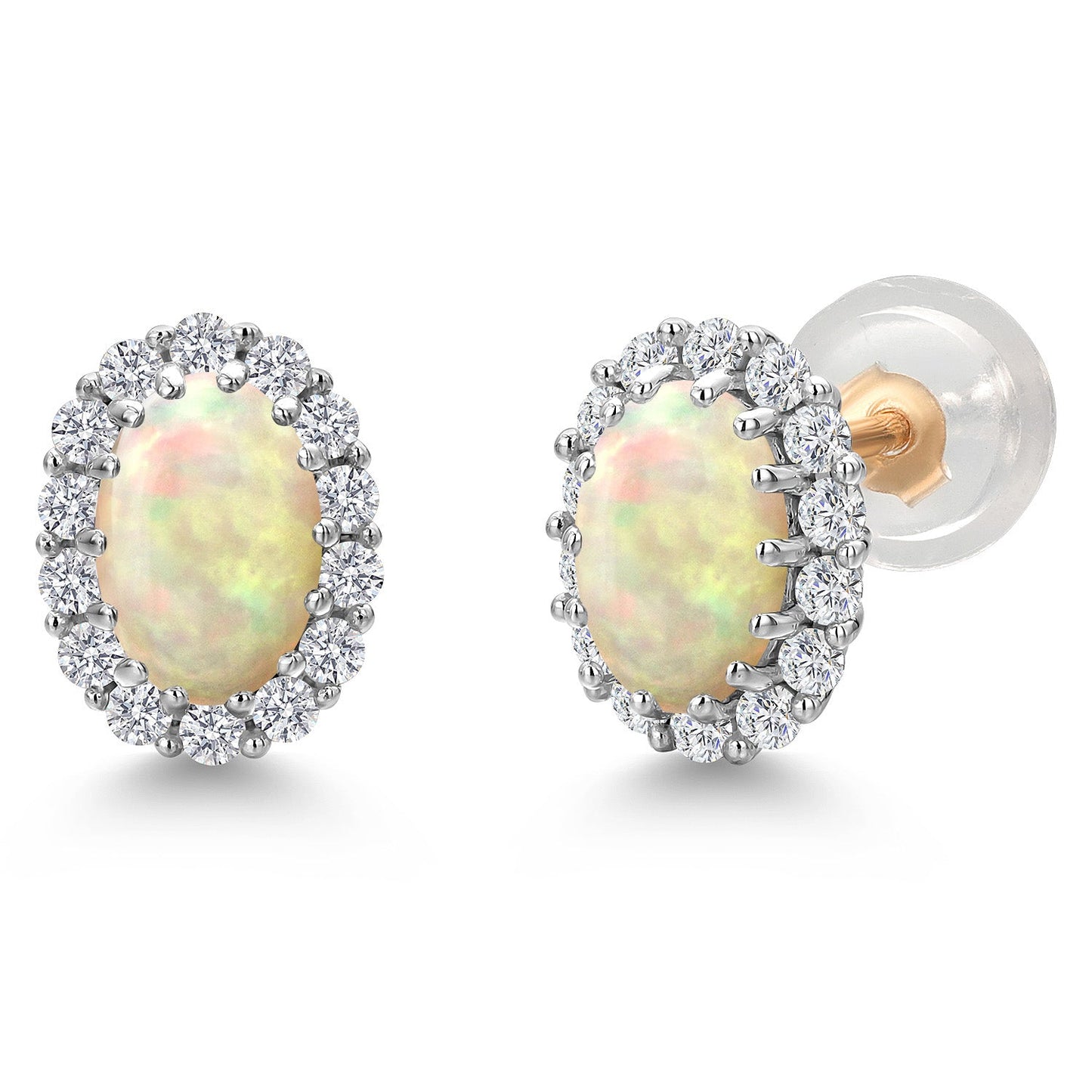 10K Solid Gold Post and Sterling Silver 6X4MM Oval Gemstone Birthstone and White Lab Grown Diamond Halo Earrings For Women