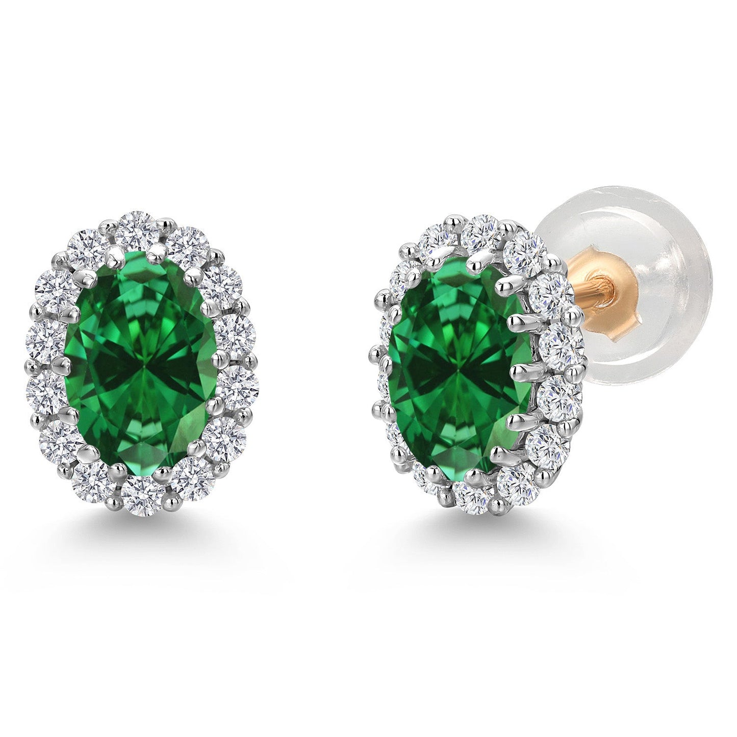 10K Solid Gold Post and Sterling Silver 6X4MM Oval Gemstone Birthstone and White Lab Grown Diamond Halo Earrings For Women