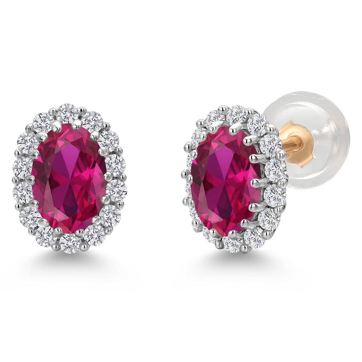 10K Solid Gold Post and Sterling Silver 6X4MM Oval Gemstone Birthstone and White Lab Grown Diamond Halo Earrings For Women