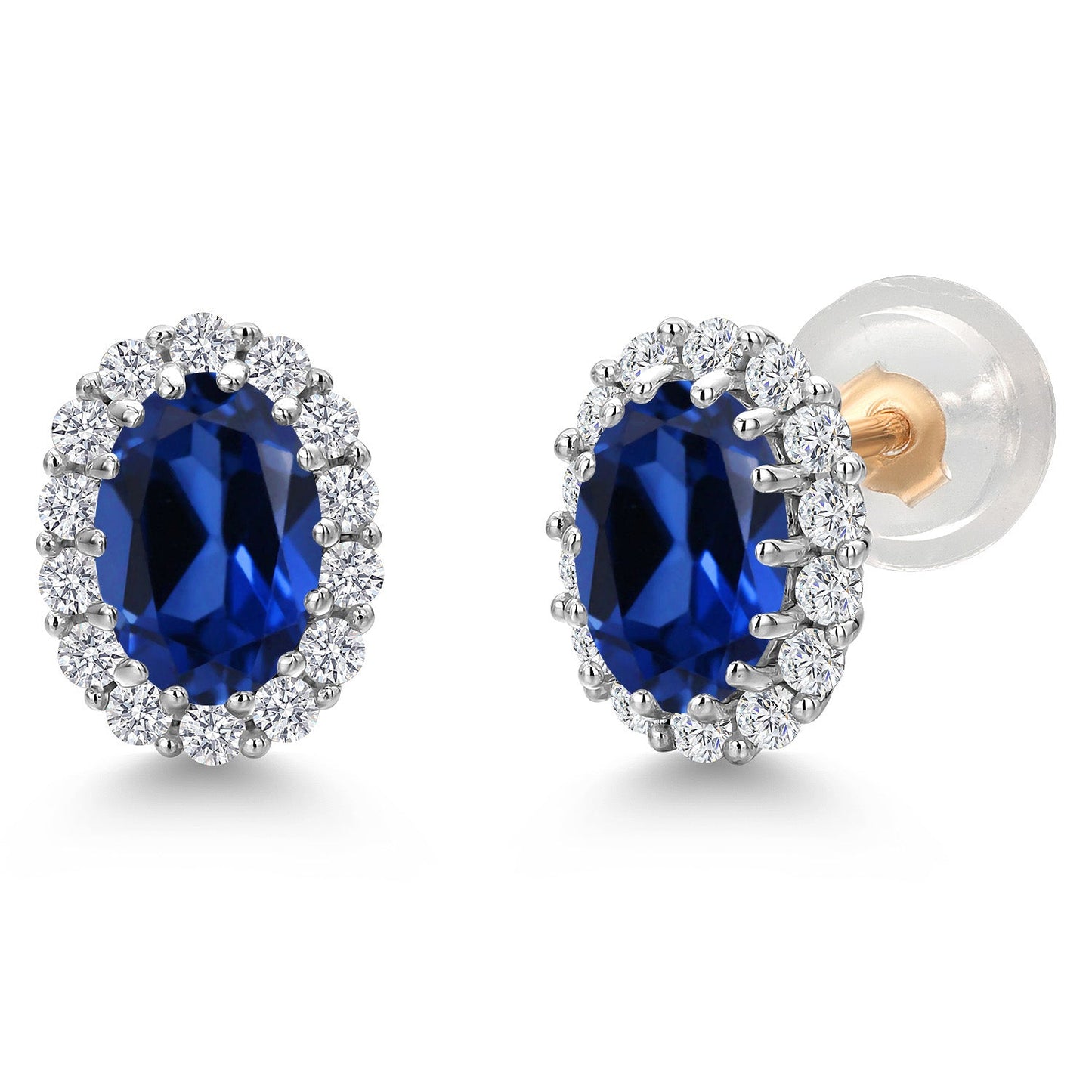 10K Solid Gold Post and Sterling Silver 6X4MM Oval Gemstone Birthstone and White Lab Grown Diamond Halo Earrings For Women