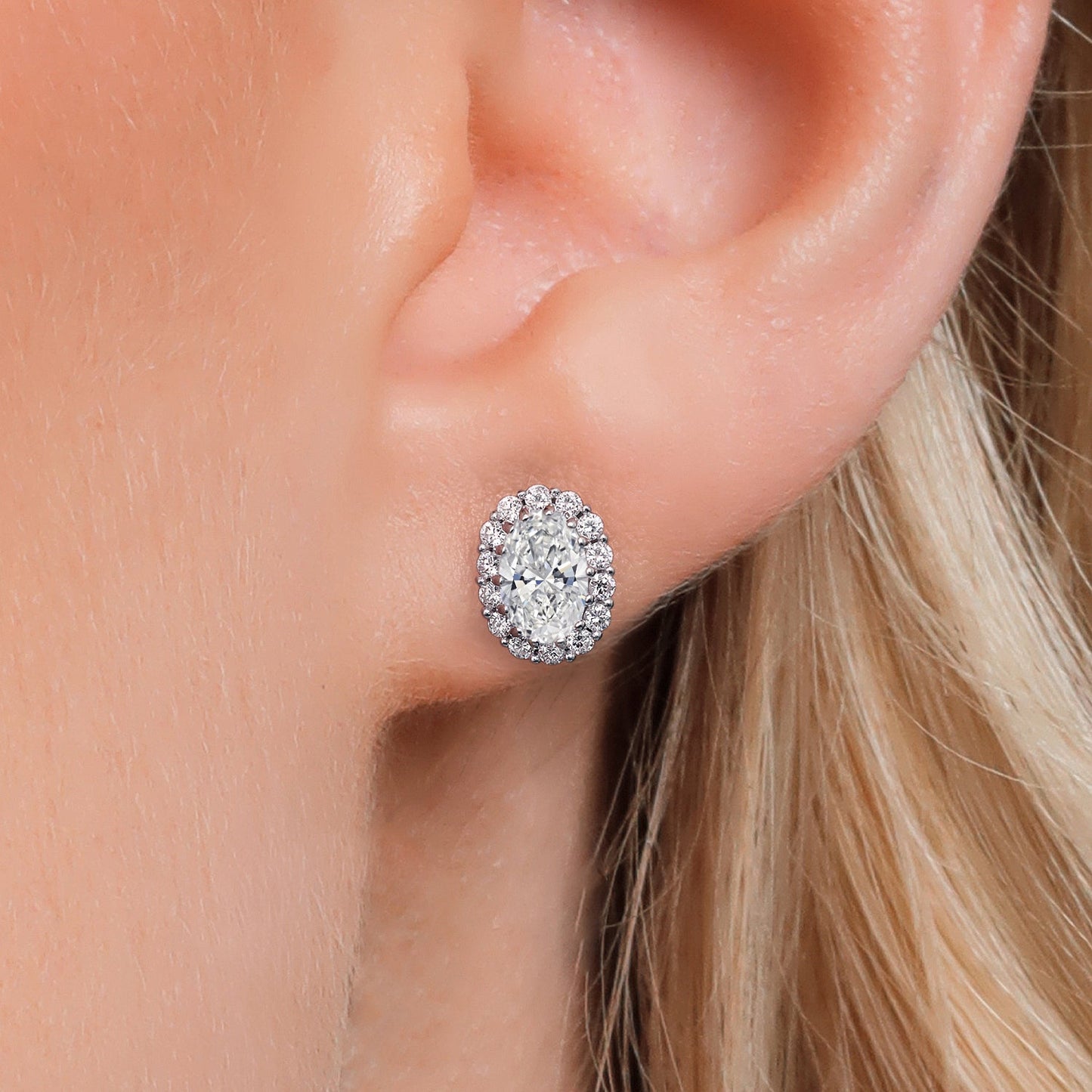 10K Solid Gold Post and Sterling Silver White Lab Grown Diamond Halo Earrings For Women | 1.02 Cttw | Oval 6X4MM