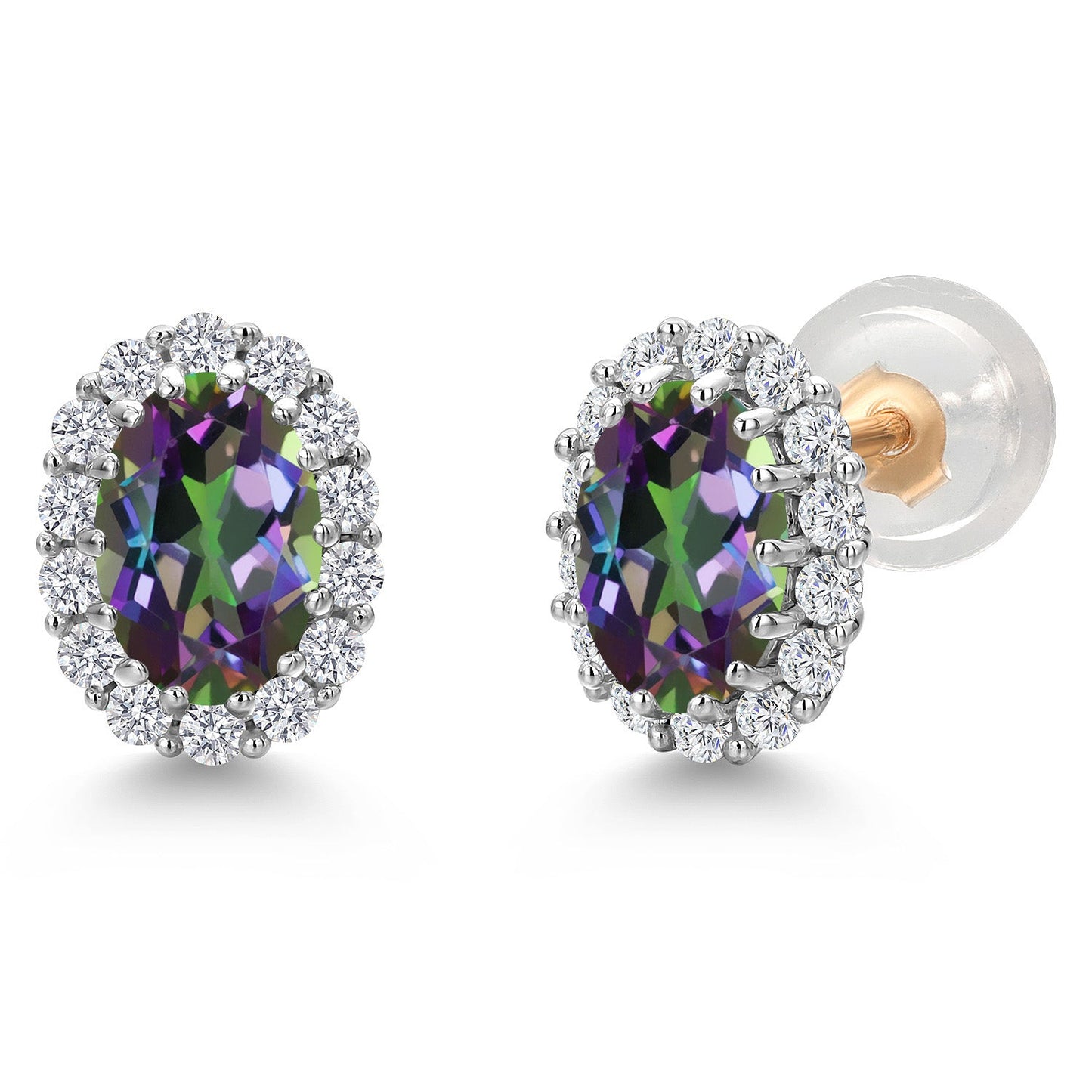 10K Solid Gold Post and Sterling Silver 6X4MM Oval Gemstone Birthstone and White Lab Grown Diamond Halo Earrings For Women