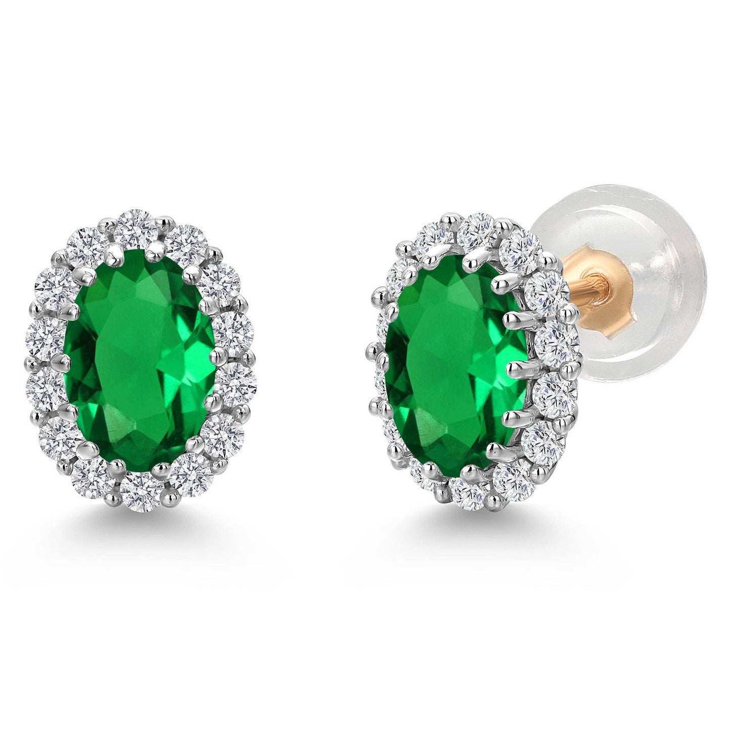 10K Solid Gold Post and Sterling Silver 6X4MM Oval Gemstone Birthstone and White Lab Grown Diamond Halo Earrings For Women