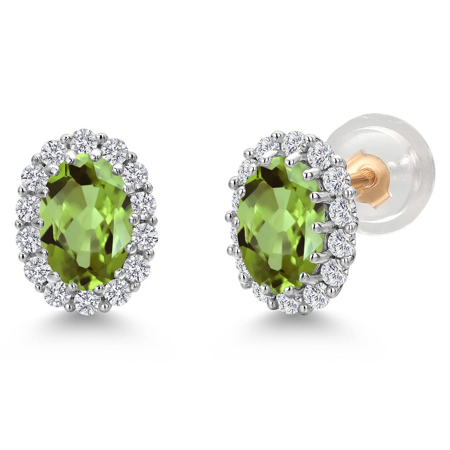 10K Solid Gold Post and Sterling Silver 6X4MM Oval Gemstone Birthstone and White Lab Grown Diamond Halo Earrings For Women