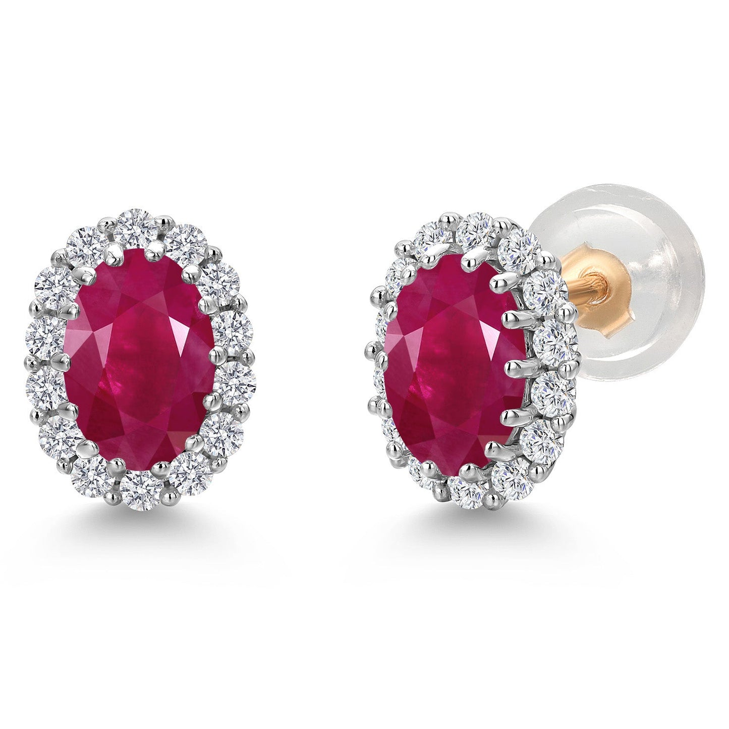 10K Solid Gold Post and Sterling Silver 6X4MM Oval Gemstone Birthstone and White Lab Grown Diamond Halo Earrings For Women