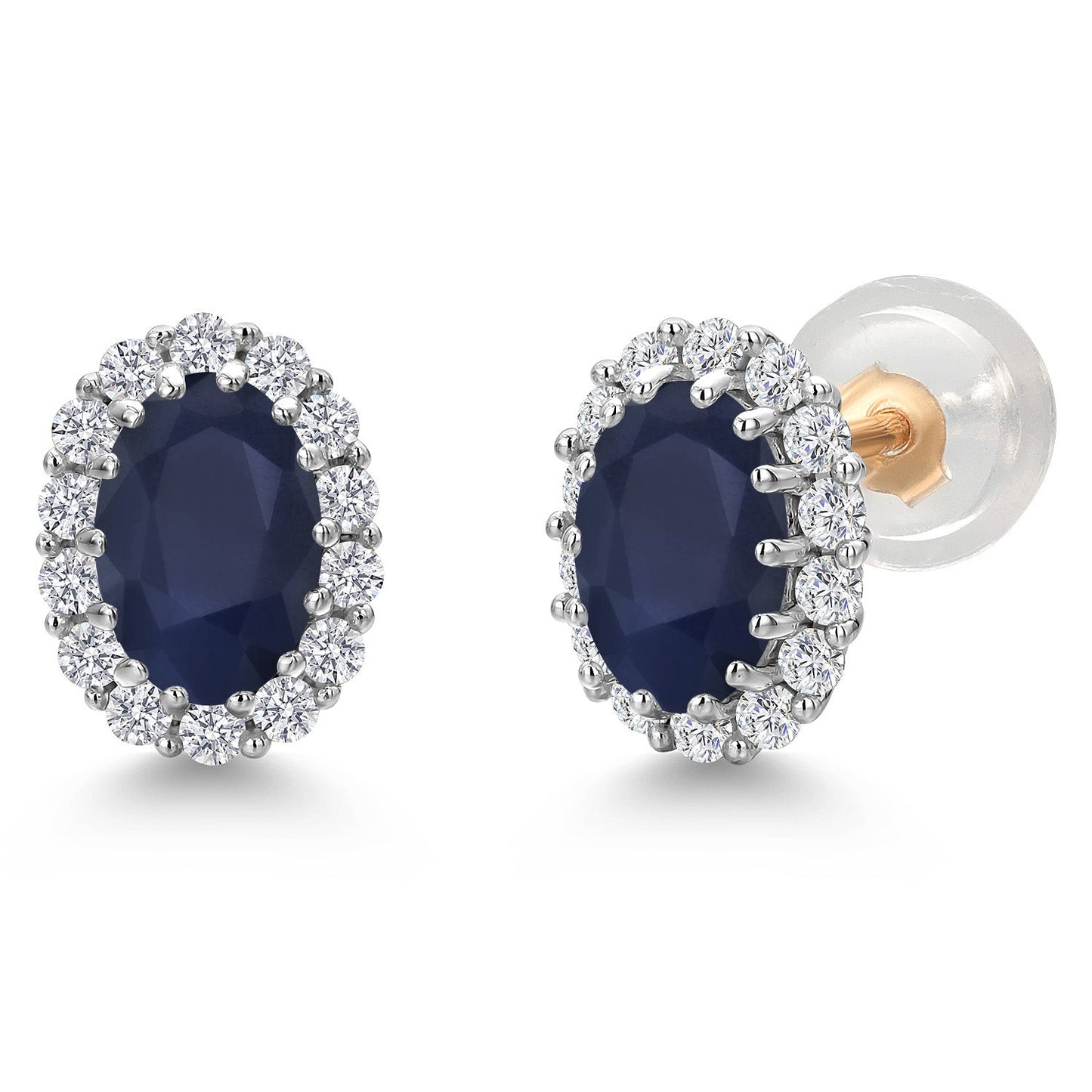 10K Solid Gold Post and Sterling Silver 6X4MM Oval Gemstone Birthstone and White Lab Grown Diamond Halo Earrings For Women