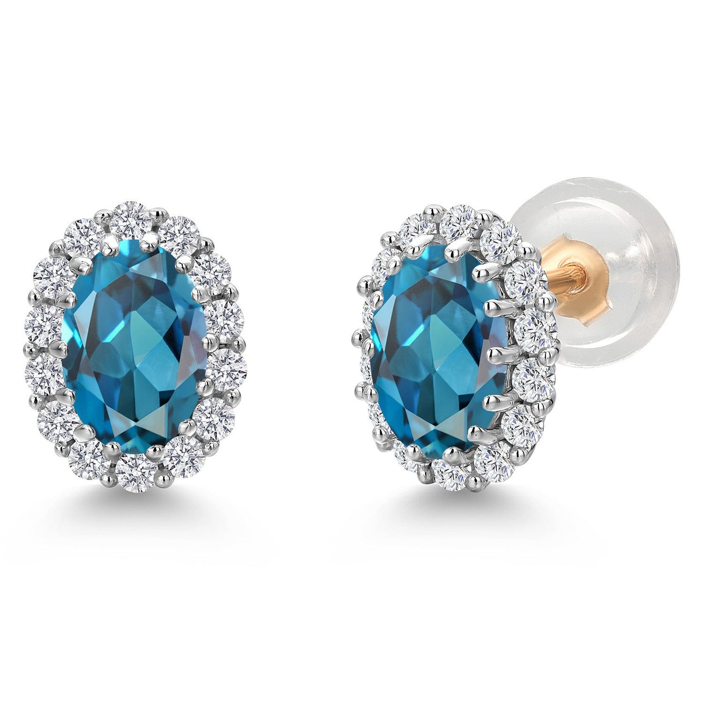 10K Solid Gold Post and Sterling Silver 6X4MM Oval Gemstone Birthstone and White Lab Grown Diamond Halo Earrings For Women