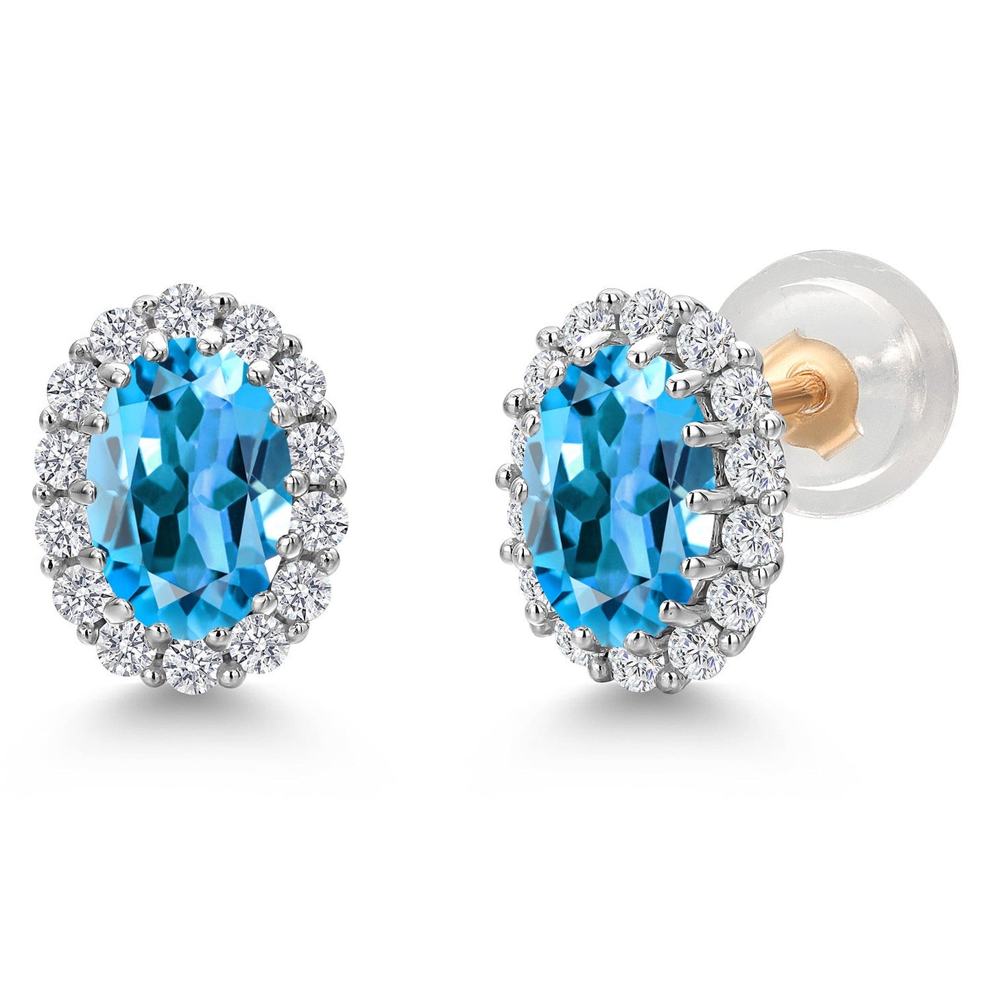 10K Solid Gold Post and Sterling Silver 6X4MM Oval Gemstone Birthstone and White Lab Grown Diamond Halo Earrings For Women