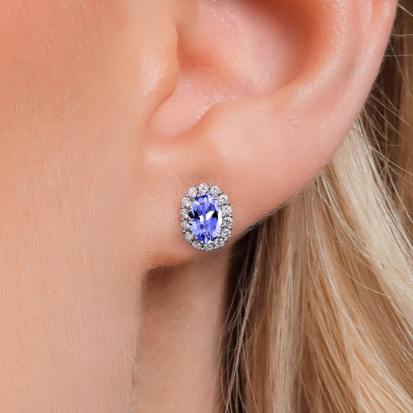 10K Solid Gold Post and Sterling Silver 6X4MM Oval Gemstone Birthstone and White Lab Grown Diamond Halo Earrings For Women