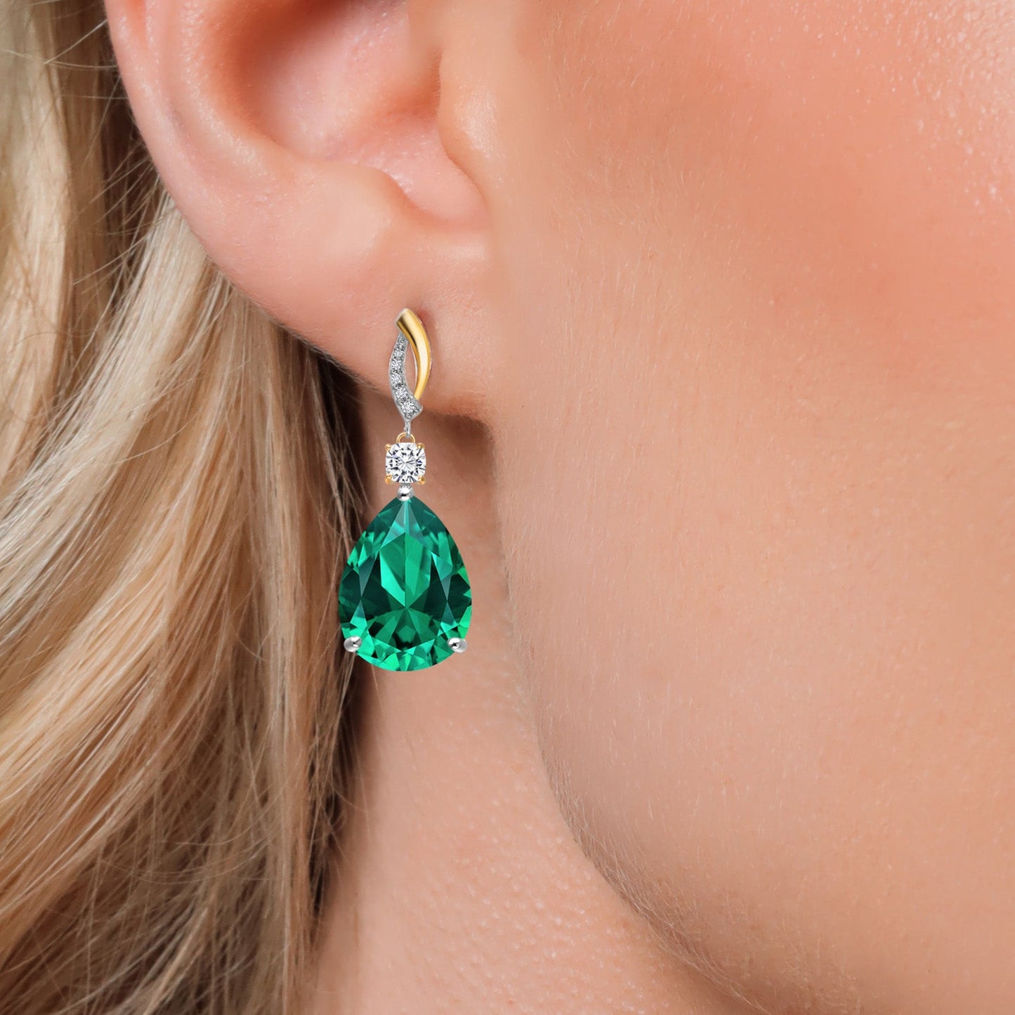 19.19 Cttw 925 Silver and 10K Yellow Gold Green Nano Emerald White Moissanite and White Lab Grown Diamond Earrings For Women | Gemstone Birthstone | Pear Shape 18X13MM