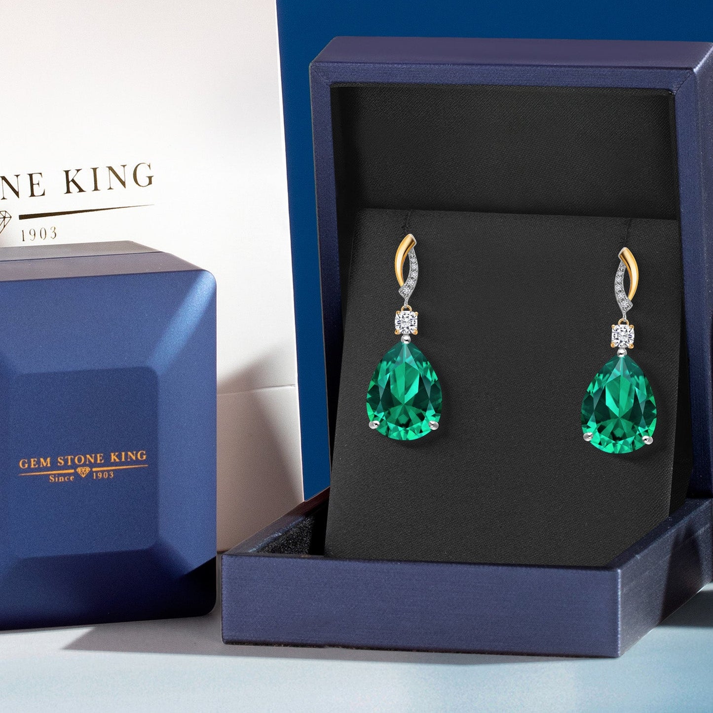19.19 Cttw 925 Silver and 10K Yellow Gold Green Nano Emerald White Moissanite and White Lab Grown Diamond Earrings For Women | Gemstone Birthstone | Pear Shape 18X13MM