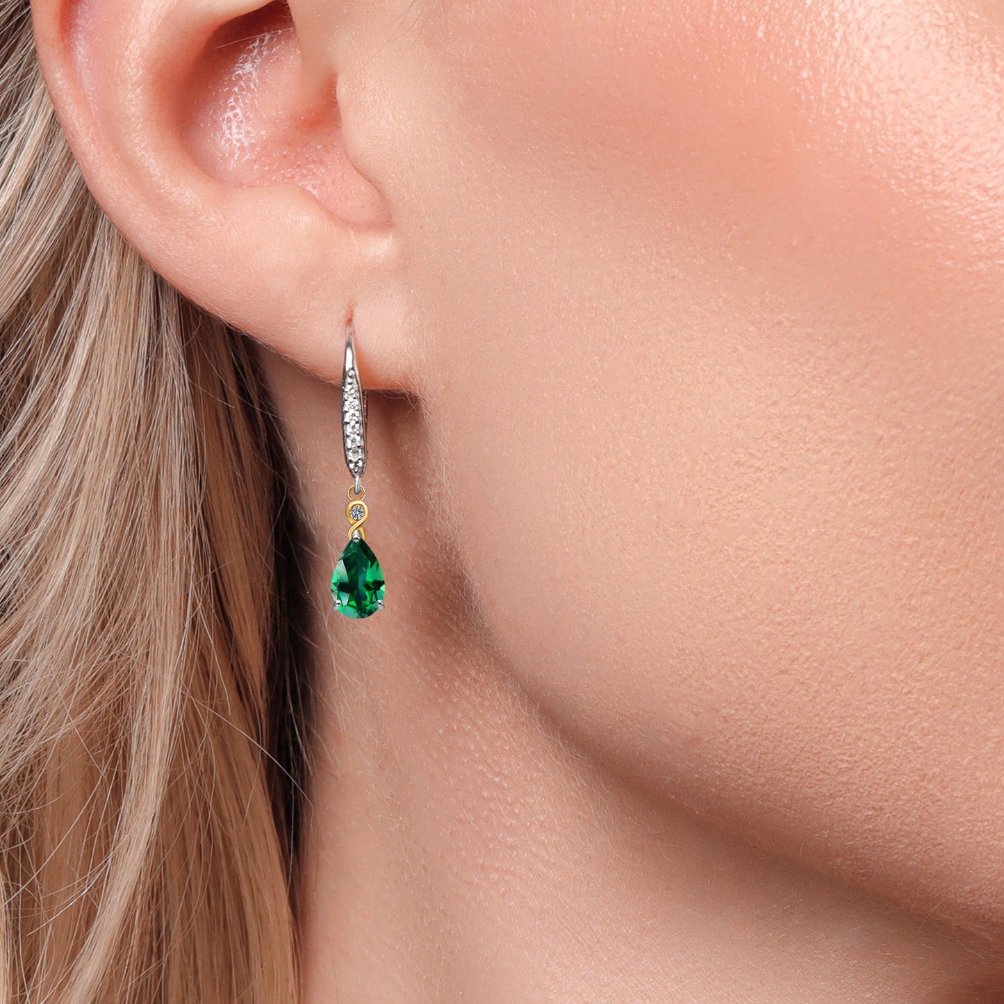 925 Silver and 10K Yellow Gold 8X5MM Pear Shape Gemstone Birthstone and White Lab Grown Diamond Leverback Drop Dangle Earrings For Women