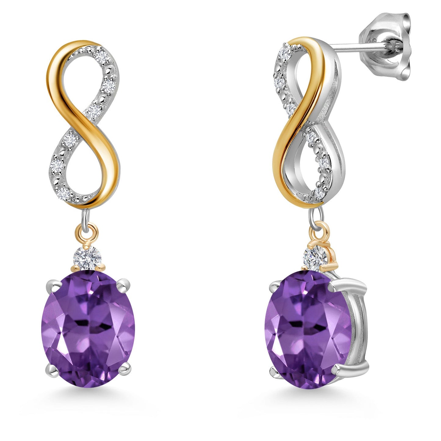Infinity Drop Dangle Earrings For Women | 10X8MM Oval Gemstone Birthstone and White Lab Grown Diamond | 925 Silver and 10K Yellow Gold Oval
