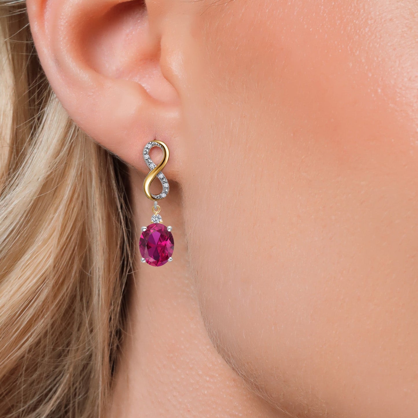 Infinity Drop Dangle Earrings For Women | 10X8MM Oval Gemstone Birthstone and White Lab Grown Diamond | 925 Silver and 10K Yellow Gold Oval