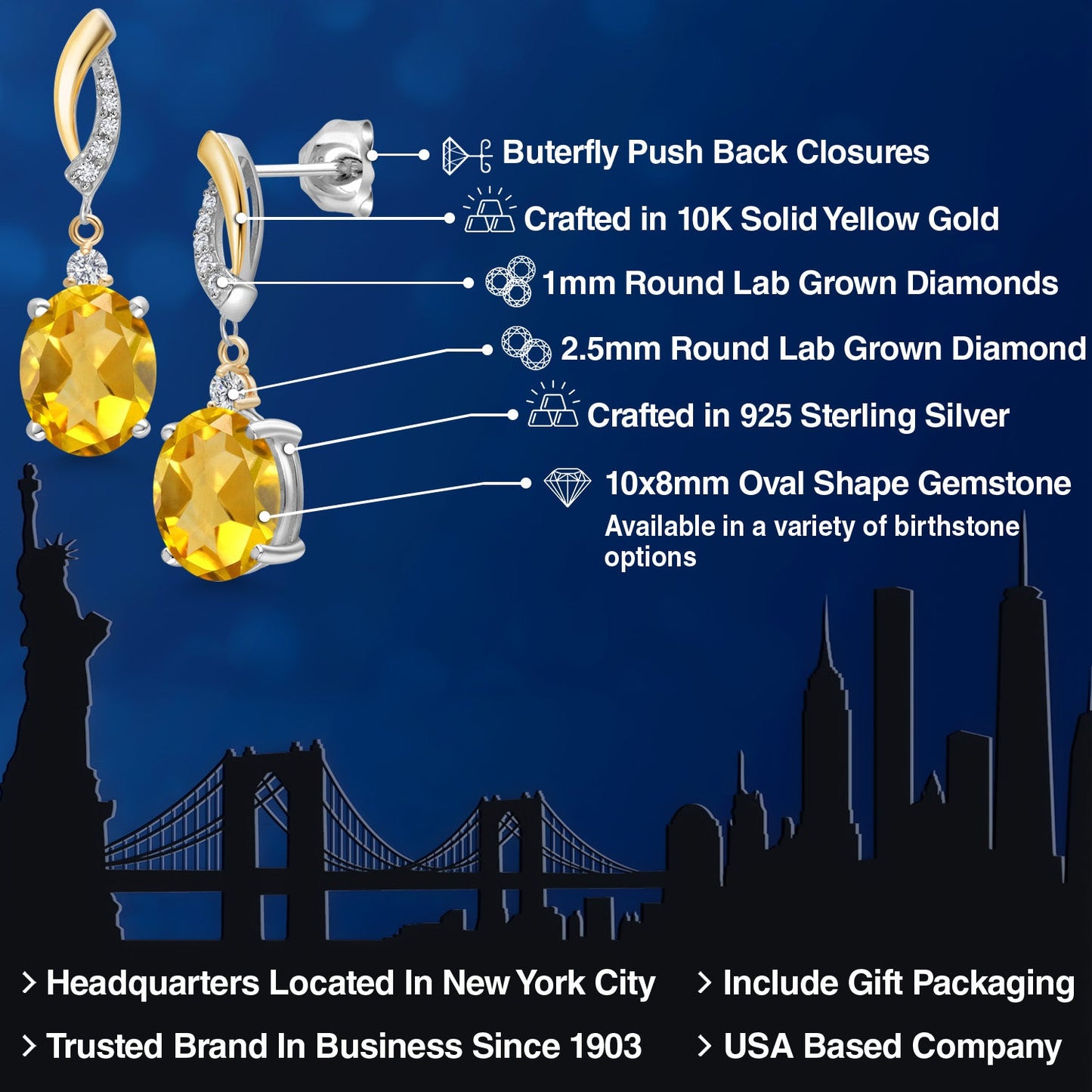 Oval 10X8MM Gemstone & Lab Grown Diamond 925 Silver and 10K Yellow Gold Dangle Earrings For Women | Fine Jewelry Gifts for Her Mom Women Wife
