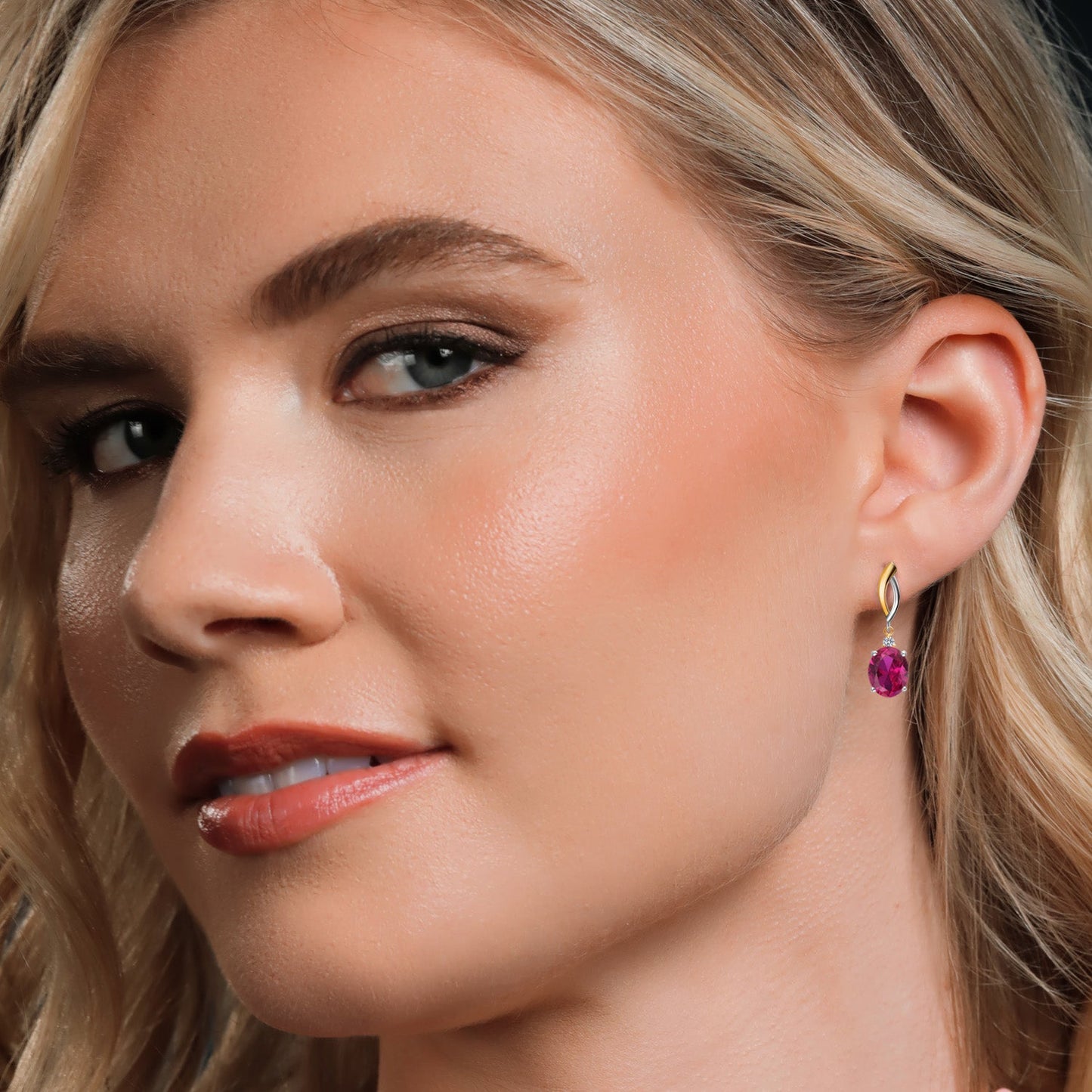 Dangle Earrings For Women In 925 Silver and 10K Yellow Gold with 10X8MM Oval Gemstone Birthstone and White Lab Grown Diamond