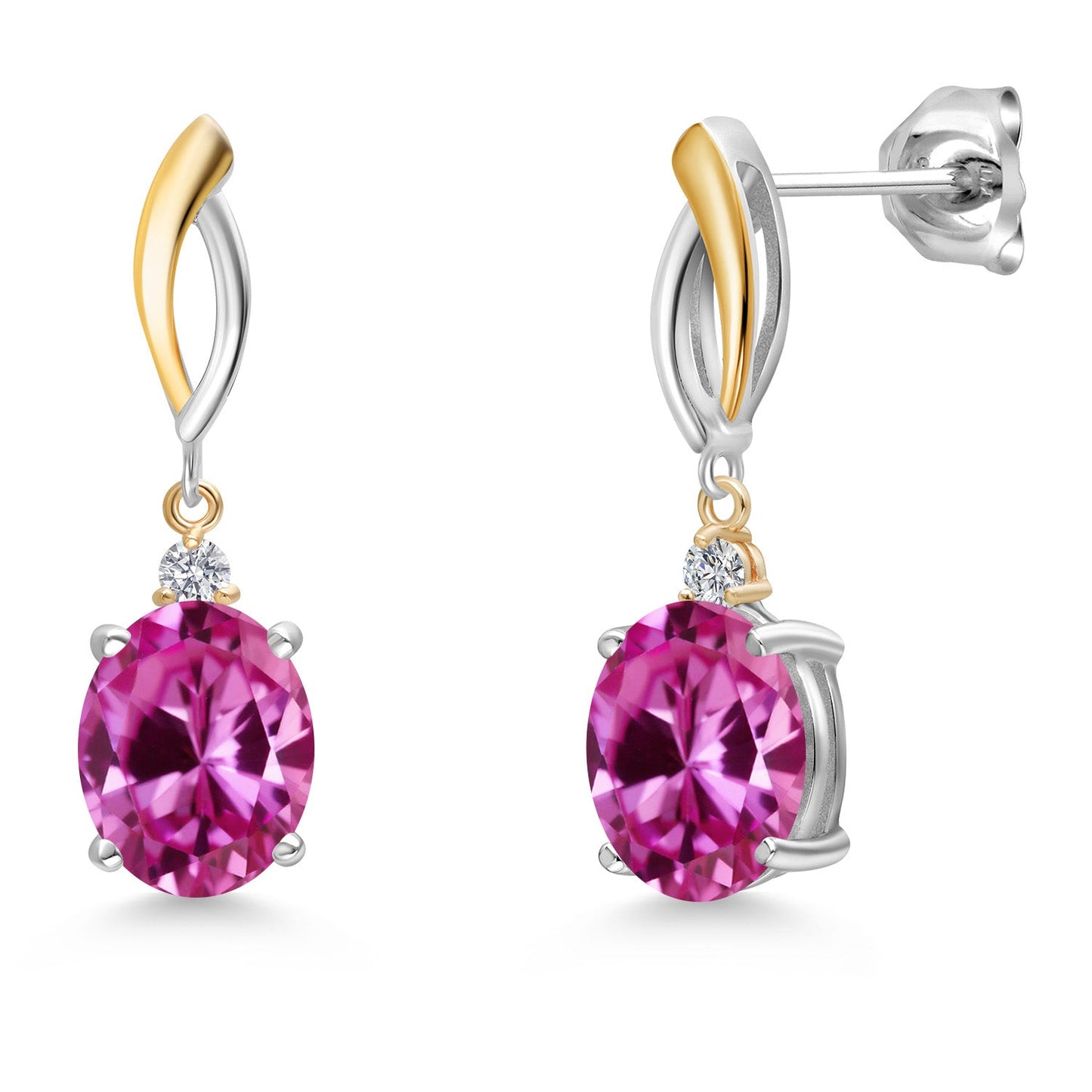 Dangle Earrings For Women In 925 Silver and 10K Yellow Gold with 10X8MM Oval Gemstone Birthstone and White Lab Grown Diamond