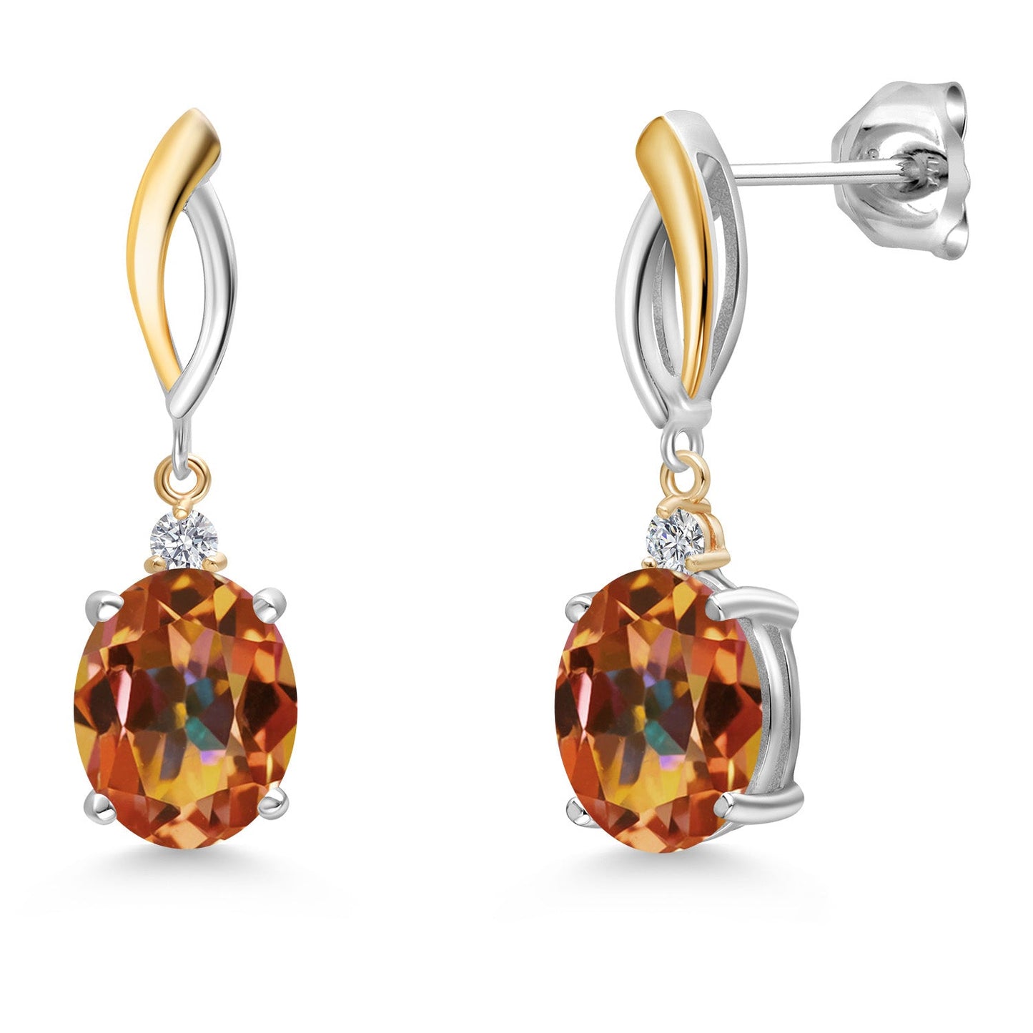 Dangle Earrings For Women In 925 Silver and 10K Yellow Gold with 10X8MM Oval Gemstone Birthstone and White Lab Grown Diamond