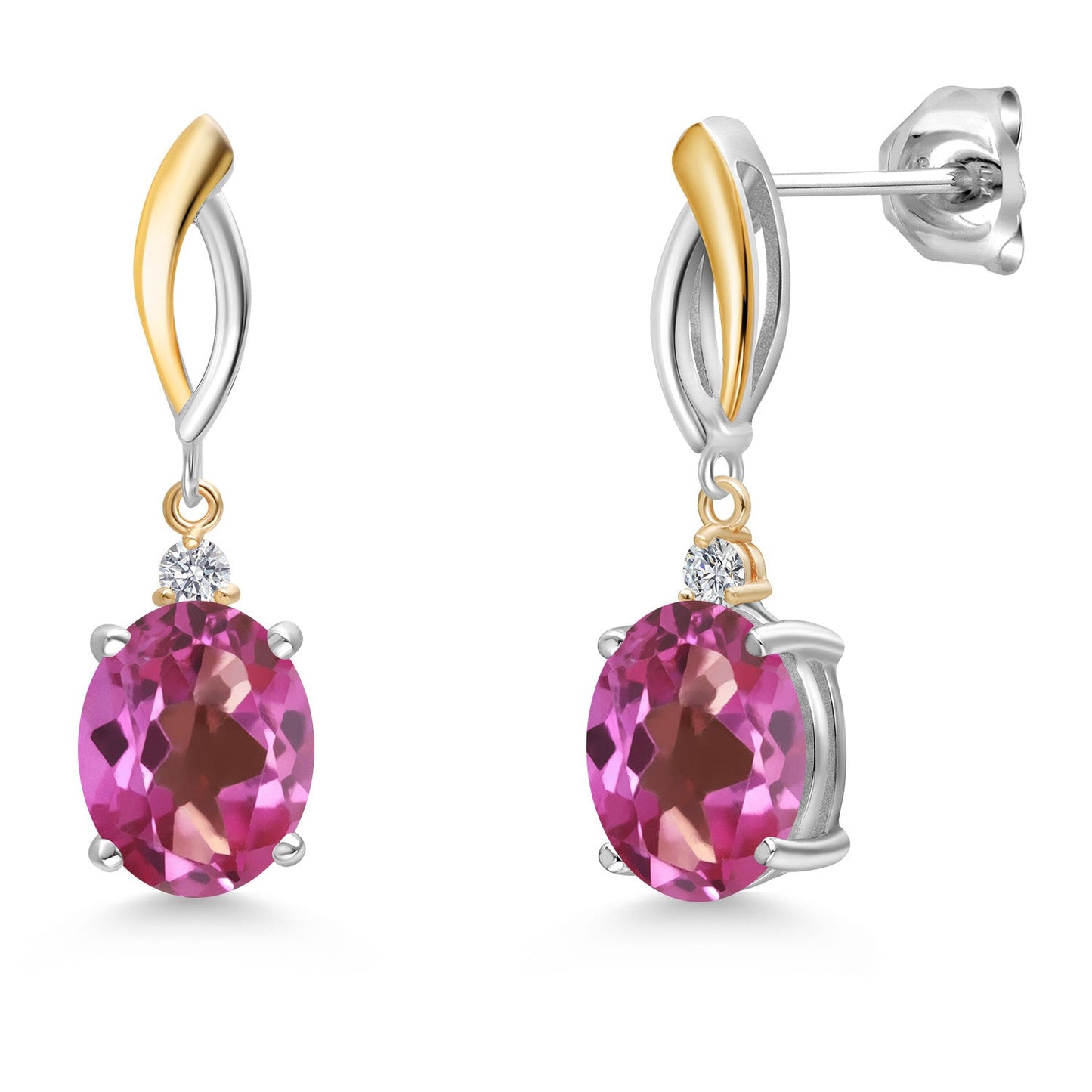 Dangle Earrings For Women In 925 Silver and 10K Yellow Gold with 10X8MM Oval Gemstone Birthstone and White Lab Grown Diamond