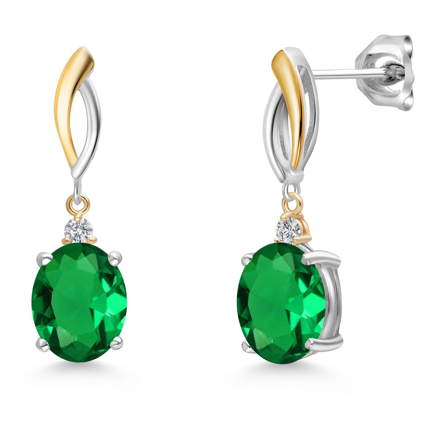 Dangle Earrings For Women In 925 Silver and 10K Yellow Gold with 10X8MM Oval Gemstone Birthstone and White Lab Grown Diamond