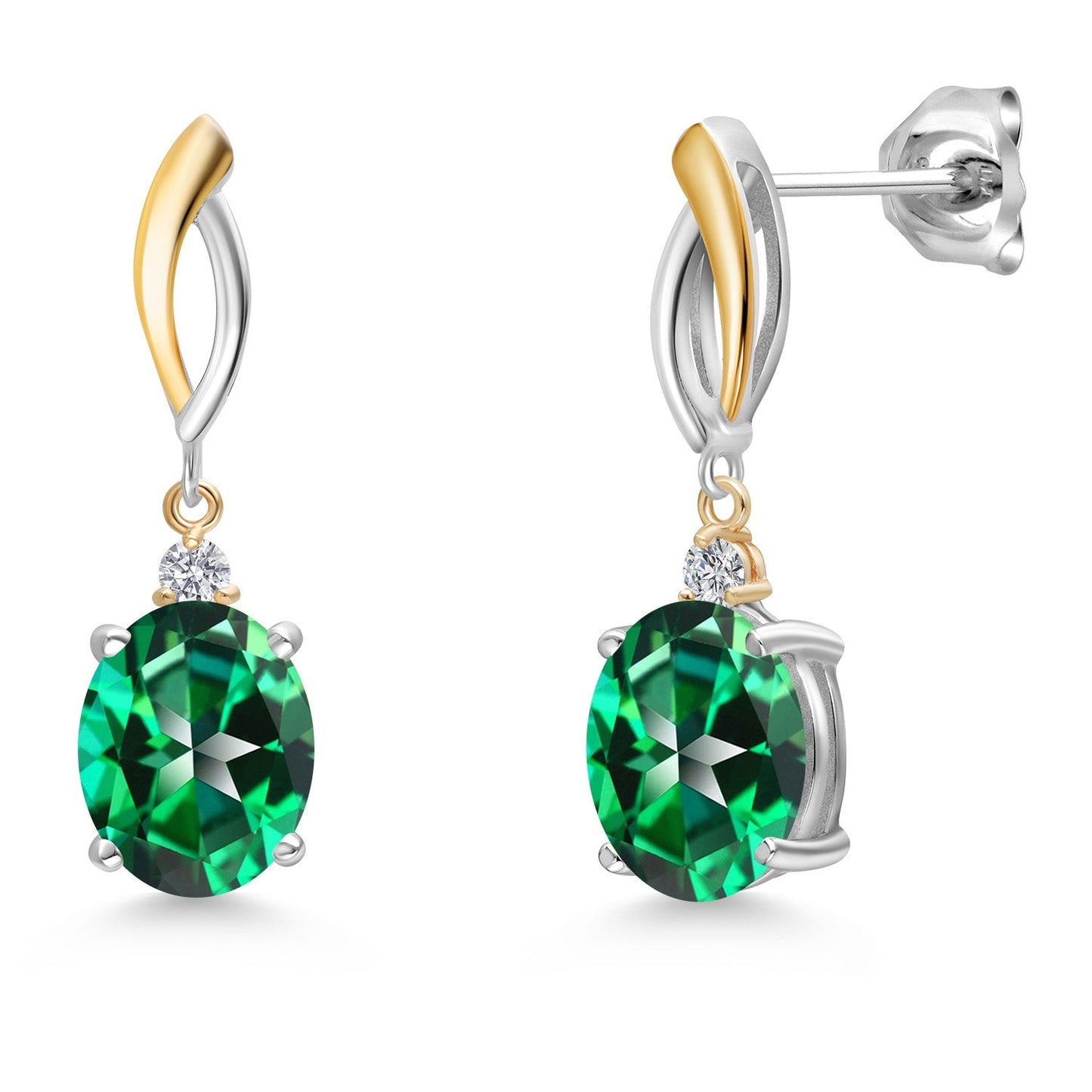Dangle Earrings For Women In 925 Silver and 10K Yellow Gold with 10X8MM Oval Gemstone Birthstone and White Lab Grown Diamond