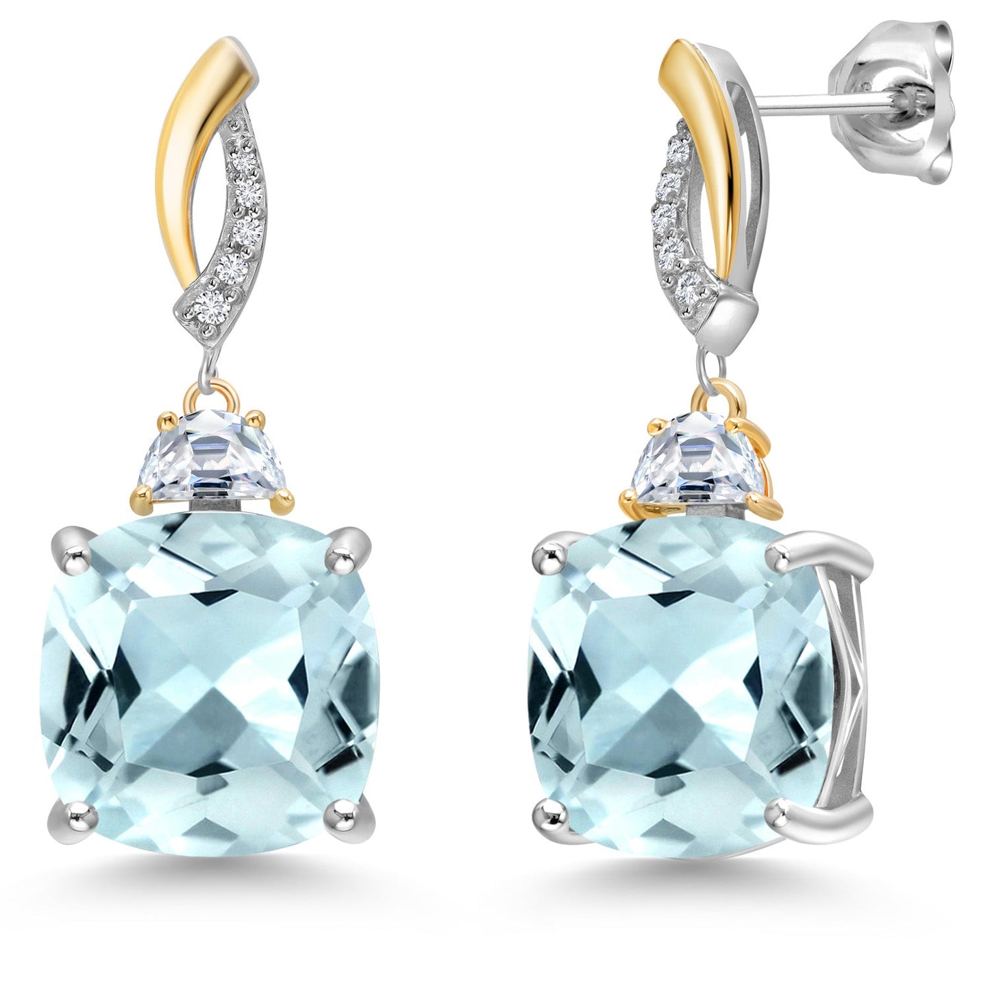 925 Silver and 10K Yellow Gold Cushion 12MM Gemstone Birthstone 5X3MM Half Moon Moissanite and White Lab Grown Diamond Dangle Earrings for Women