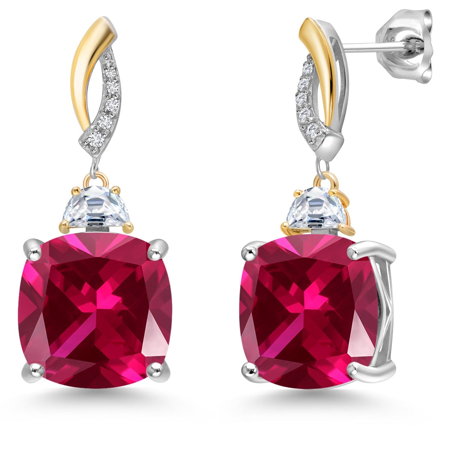 925 Silver and 10K Yellow Gold Cushion 12MM Gemstone Birthstone 5X3MM Half Moon Moissanite and White Lab Grown Diamond Dangle Earrings for Women