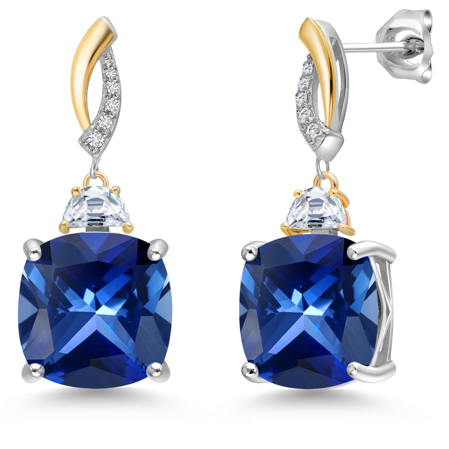 925 Silver and 10K Yellow Gold Cushion 12MM Gemstone Birthstone 5X3MM Half Moon Moissanite and White Lab Grown Diamond Dangle Earrings for Women